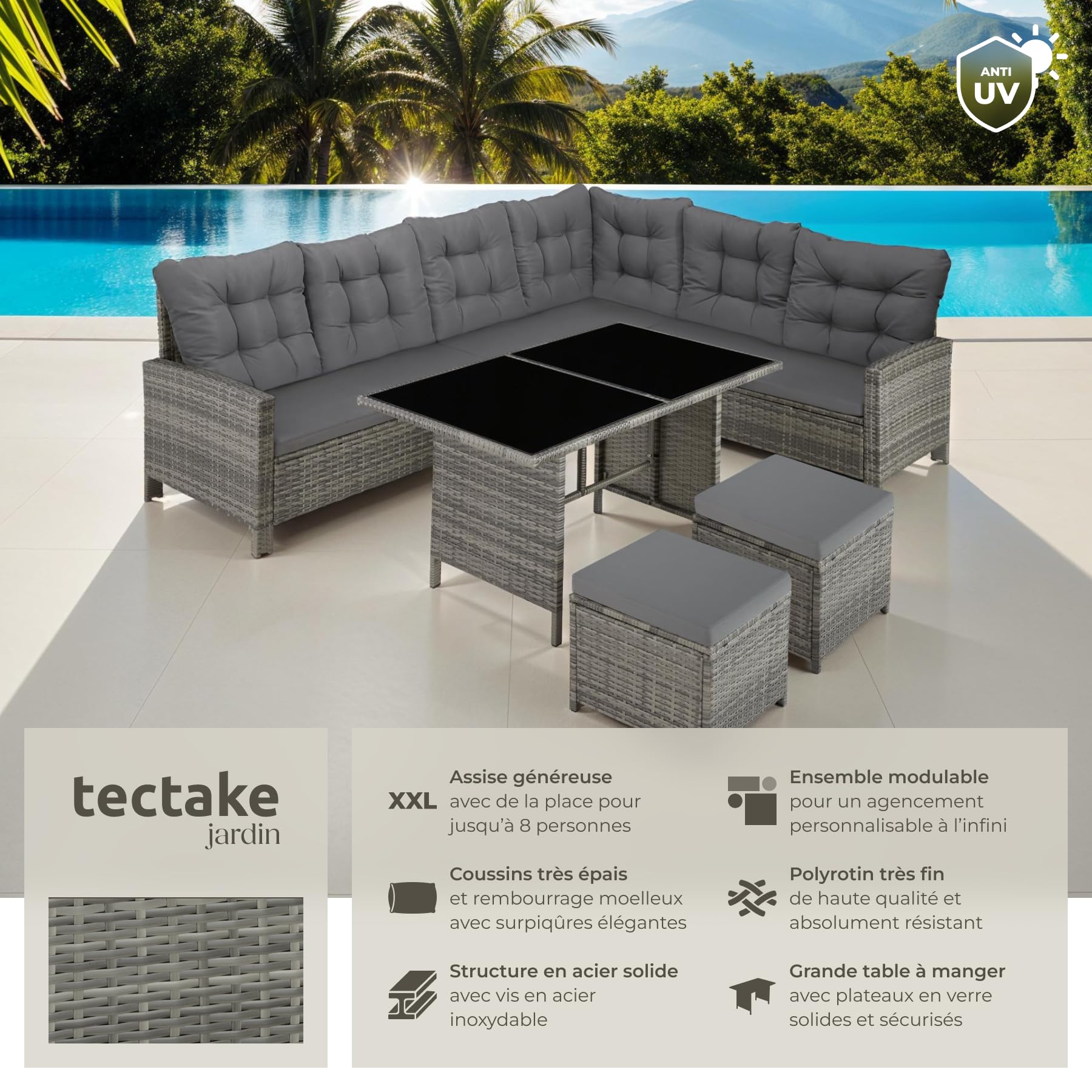 tectake® Salon de Jardin en Poly Rotin Modulable 1 Canapé de Jardin Exterieur d’Angle 1 Table Jardin 2 Tabouret Pouf Mobilier pour Amenagement Balcon et Terrasse - Gris Tacheté/Gris