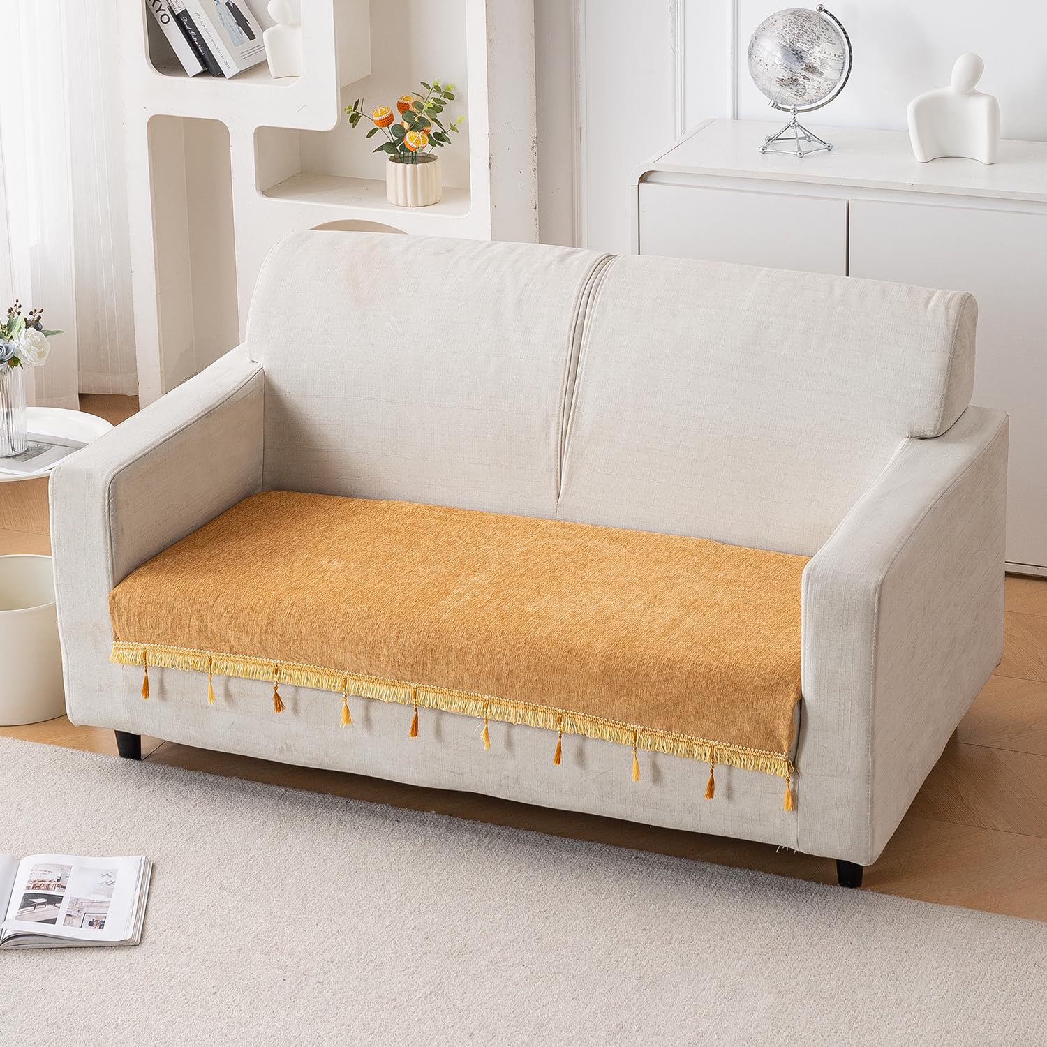 HOKIPO 'Serenity Tassel' Chenille 2 Seater Sofa Cover with Tassel – Sunlit Amber (IN-891-GLD)-image-45