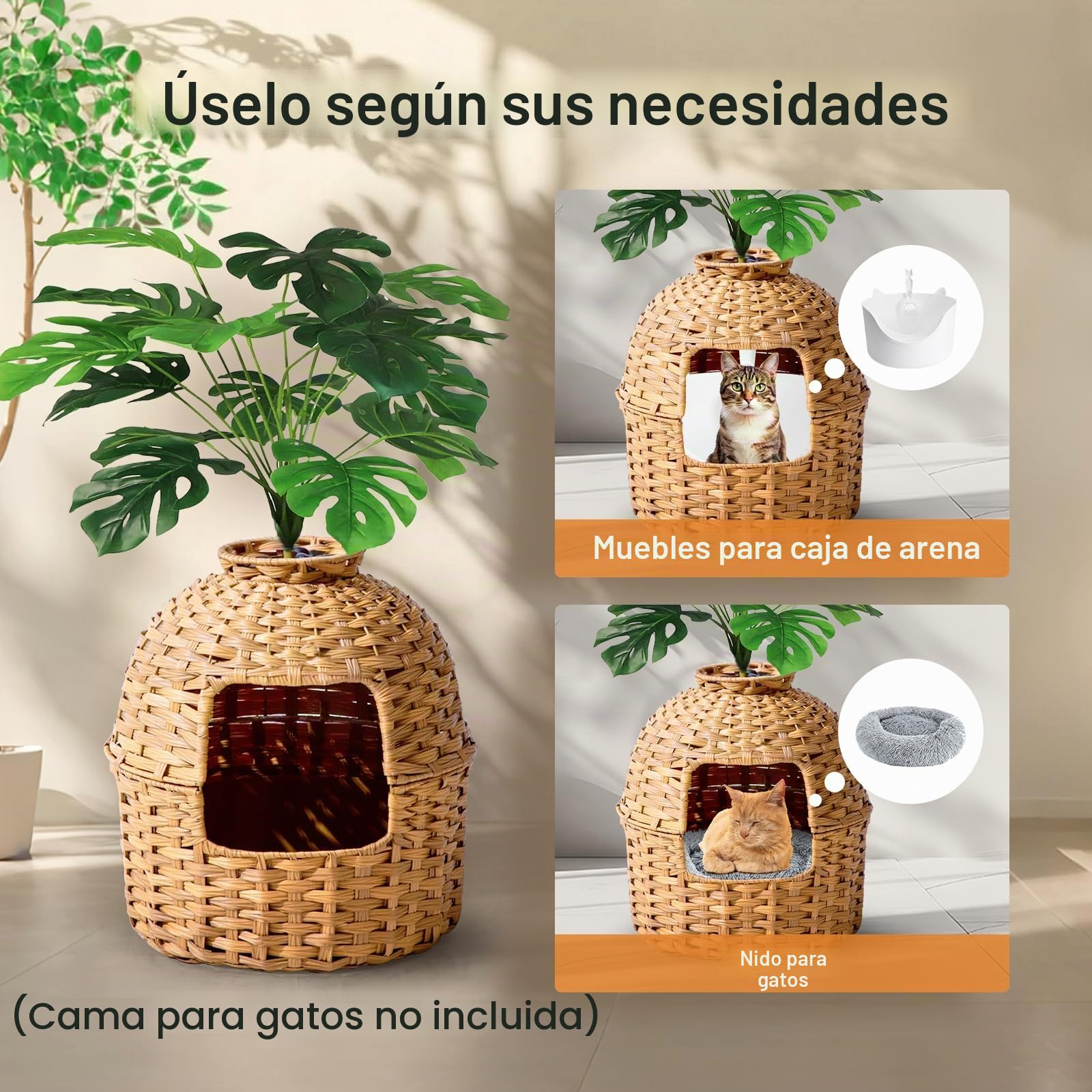 Inodoro para gatos, maceta oculta con planta y pala, inodoro para gatos de ratán trenzado a mano con control de olores y filtro de carbón (natural, puerta cuadrada)