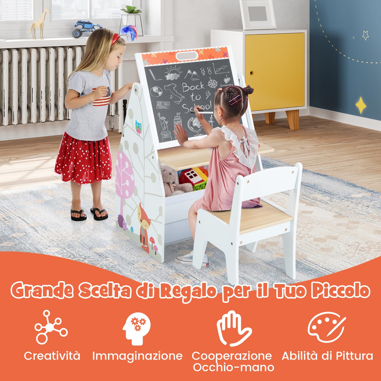 COSTWAY Cavalletto per Bambini Doppio Lato, Set Tavolo e Sedia per Bambini con Lavagna Magnetica e Lavagna Bianca, Contenitore in Tessuto e Libreria(Bianco)