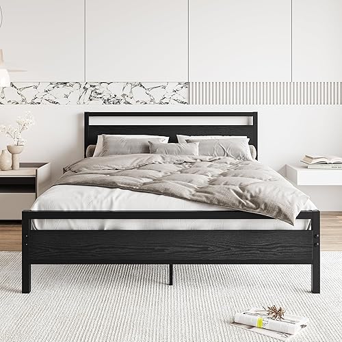 BOFENG Marco de cama negro tamaño Queen con cabecera de madera, marco de cama de plataforma de metal resistente con almacenamiento, no necesita