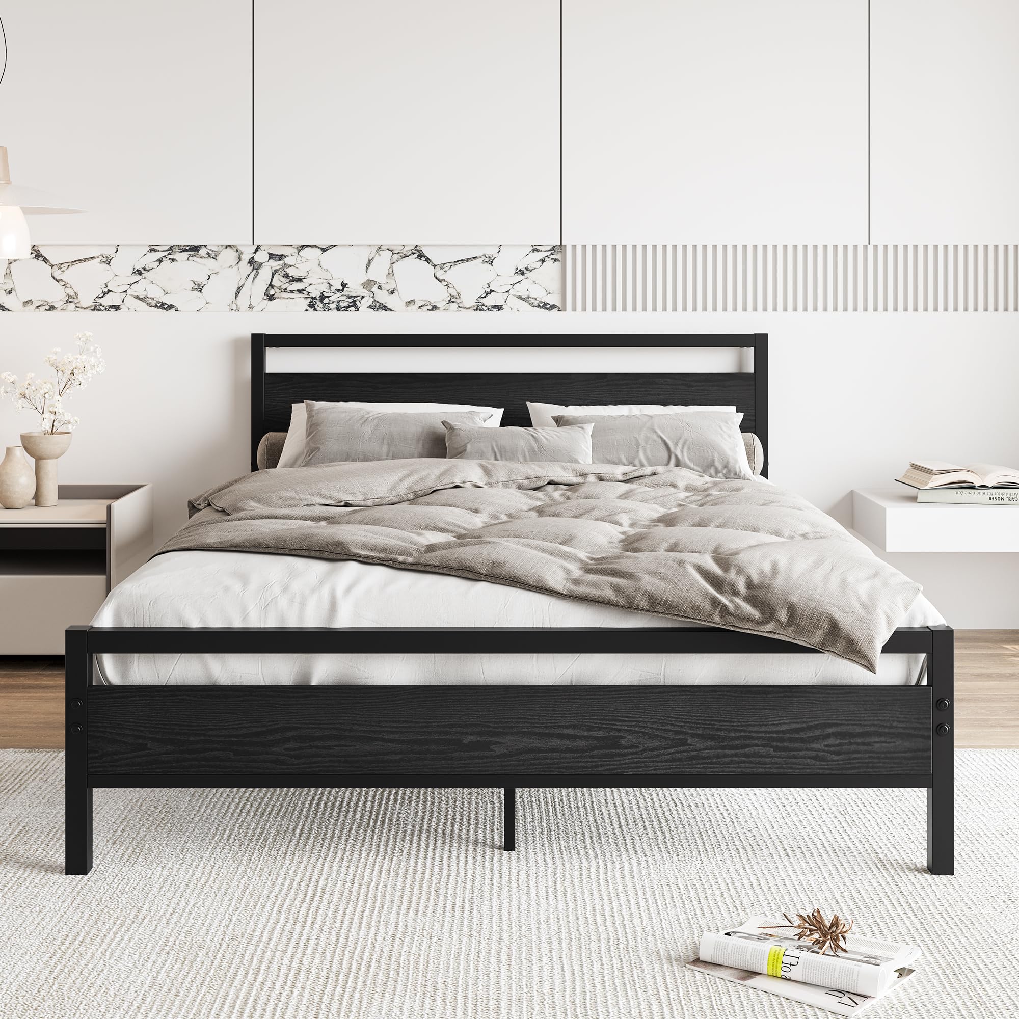 BOFENG Black Queen Size Bed Frames with Wood Headboard,Heavy Duty Metal Platform Bed Frame with Storage No Box Spring Needed,Strong Steel Slats Support,Noise Free
