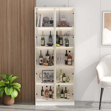 Glass Door Cabinet with Lights and 5 Storage Shelves, Tall Modern Display Storage Organizer with 2 Doors, Wooden Freestanding Bookcase Bookshelf for Living Room, Home Office, White