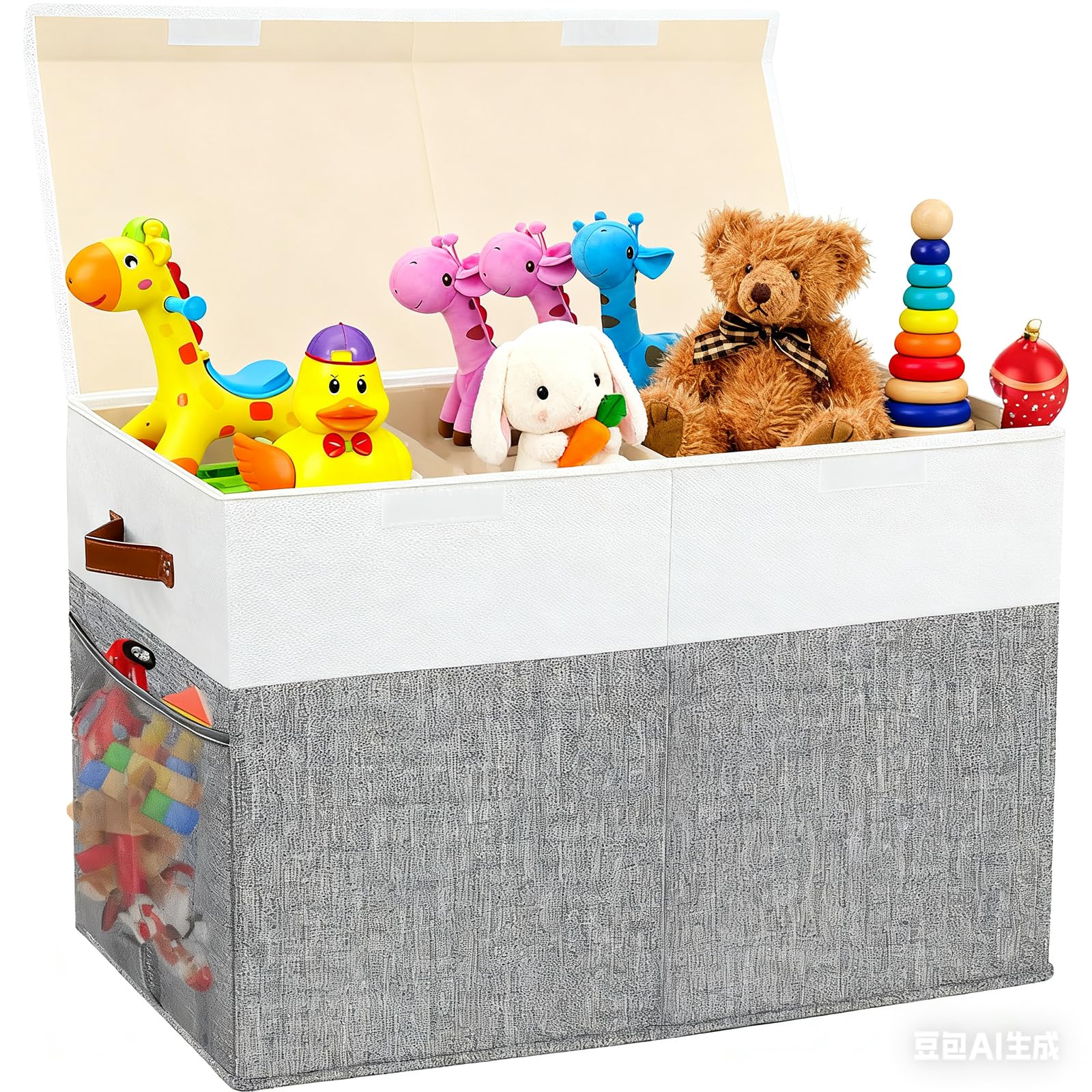 Caja Almacenaje Juguetes con Tapa, Gran Caja de Almacenamiento Plegable para Niños 62x32x40 cm con Asas y Divisor Extraíble, Organizador Almacenaje Juguetes Infantil para Habitación, Grey