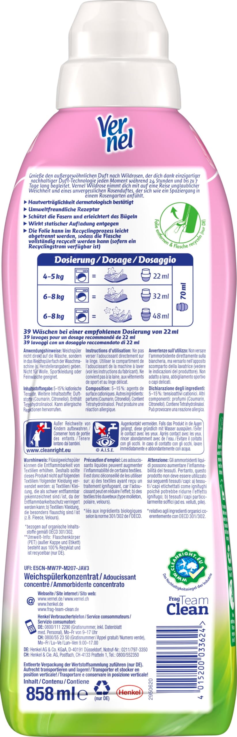 Vernel Wildrose Weichspüler (6x34 Waschladungen), Wäscheduft für 24 Stunden & 7 Tage langanhaltende Frische mit einzigartiger Duft-Technologie, recycelbare Flasche