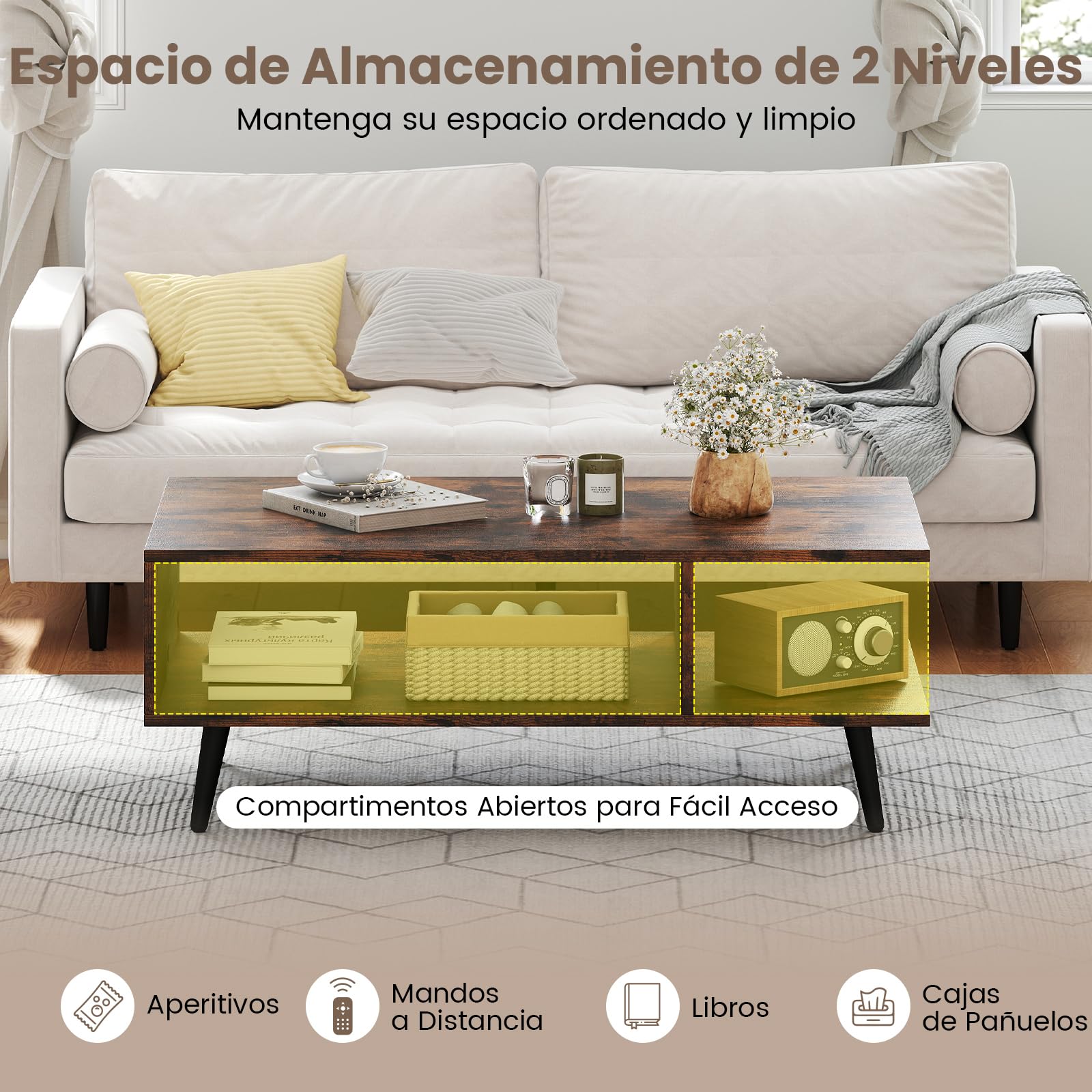 COSTWAY Mesa de Centro con Almacenamiento, Mesa Auxiliar Moderna con Estante Abierto, Mesita Central Rectangular de 2 Niveles con Patas Metálicas para Salon (Café)