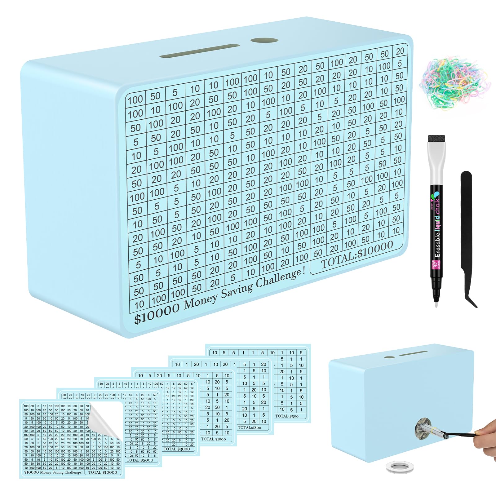 Photo 1 of Wooden Money Saving Box, Cash Vault Savings Box for $10000 $5000 $3000 $1000 $800 $500 Target Money Saving Challenge, Reusable Money Box with Counter, Dry Erase Pen/Savings Trackers/Rubber Band-Blue