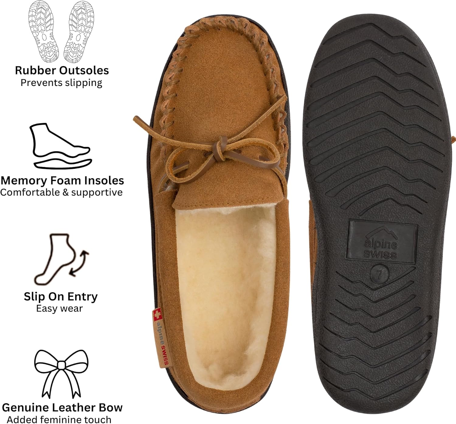 Alpine Swiss Sabine Womens Moccasin Slippers Genuine Suede House Shoe Memory Foam Insole Plush Faux Shearling Fur Indoor Outdoor Anti-Slip Rubber Sole - Image 2