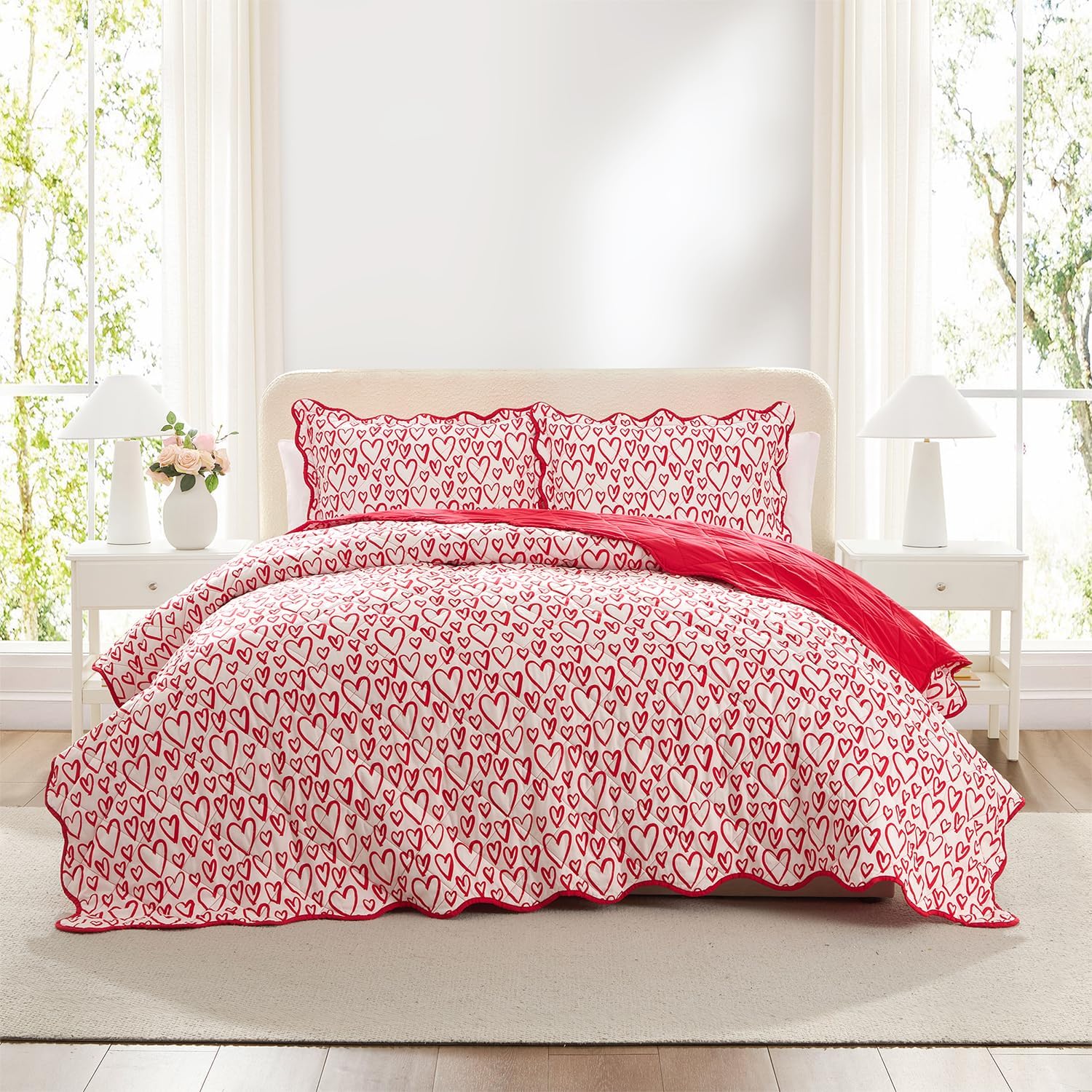 Hallmark Pink Quilt for Queen Bed, 3-Piece Gingham Scalloped Bedspread Coverlet and Shams (Checkered Bliss, Full/Queen)