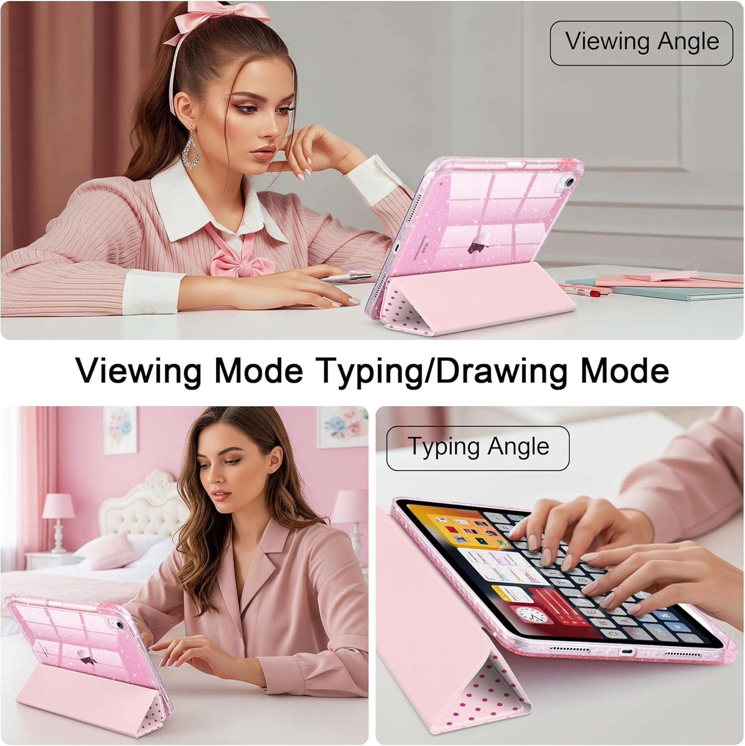 DONGKE for iPad 11th Generation Case (A16, 11-inch 2025) / iPad 10th Generation (10.9-inch 2022), Glitter Clear Acrylic Back, Pencil Holder, Trifold Stand, Auto Sleep/Wake - Pink Polka Dot