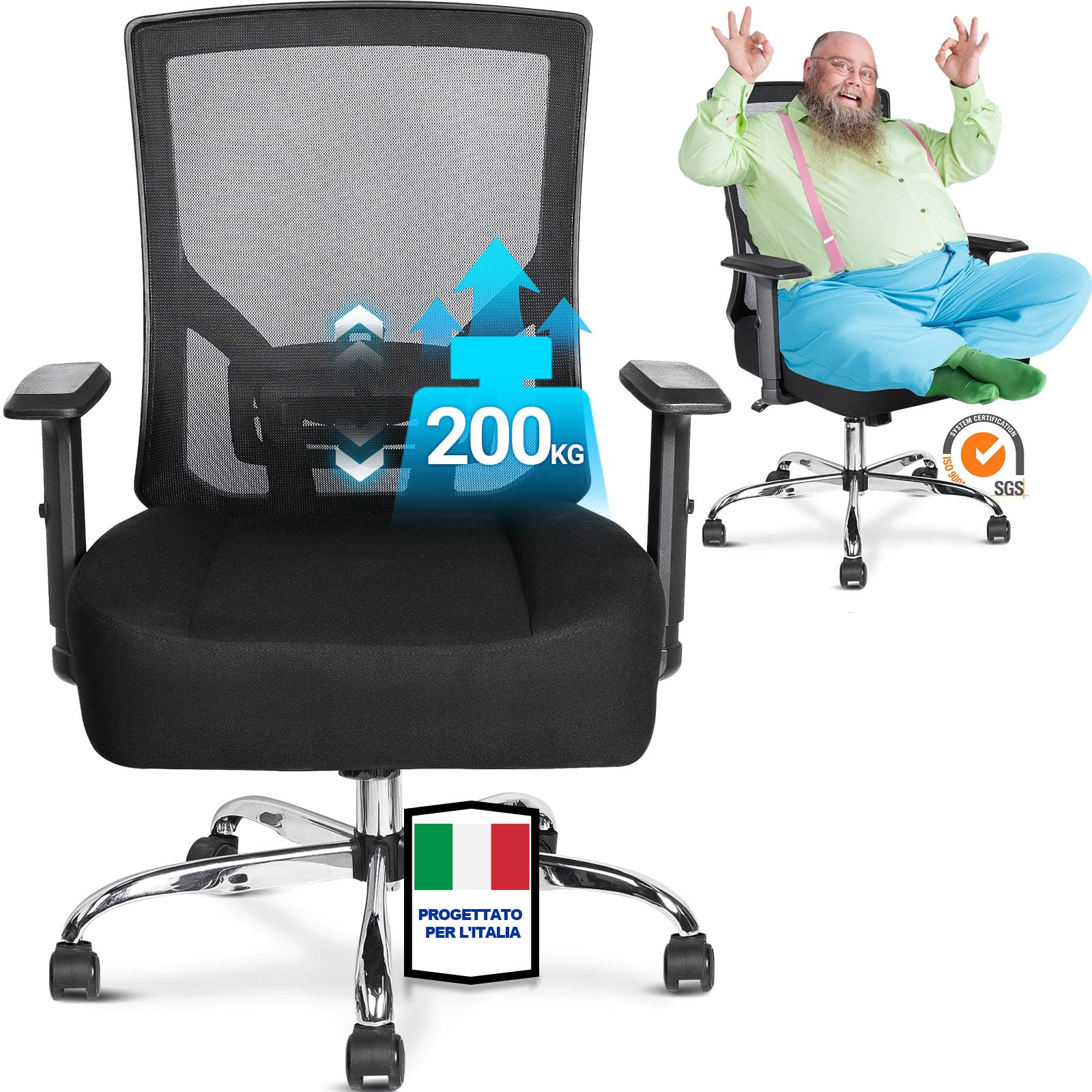 MELOKEA Sedia Ufficio Ergonomica XXL, Big & Tall con Seduta a Molle | 200kg Portata, Schienale Alto, Seduta Extra Larga 14cm, Ruote in Gomma, Sedia Gaming
