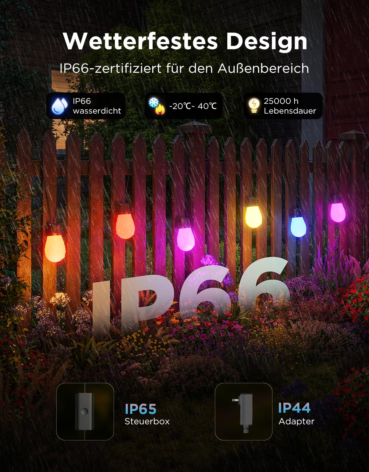 Govee Lichterkette Außen 15M, RGBICW 65lm pro LED, App&WiFi Steuerung,IP66 | 16 Mio. DIY-Farben, 111+ Szenen, Musik Sync, Matter/Alexa/Google, Lebensdauer 25000h, Einf. Montage, Garten/Balkon/Terrasse