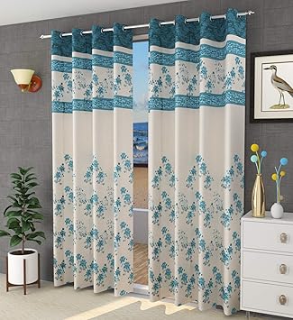 Purav Light Jacquard Floral Curtain, 4 x 5 Feet, Blue, 2 Pieces