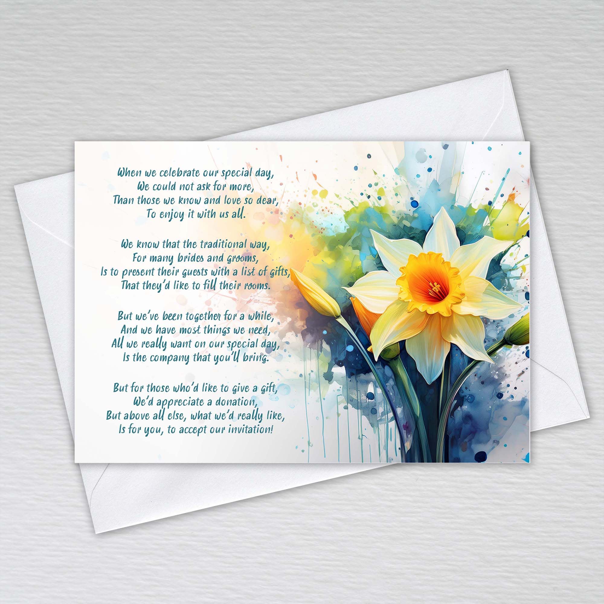 Daffodil Wedding Money Poem Cards with a Welsh Theme - Polite Request for a Cash Gift featuring the National Flower of Wales: Daffodil Wedding Money Poem (Pack of 20 with Envelopes)