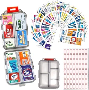DIY Travel Pill Organizer with 260 Labels, 10 Compartments Pocket Pharmacy with Medicine Labels, Portable Daily Medication Container Case for Travel Essentials Weekly Medical Box (Grey)