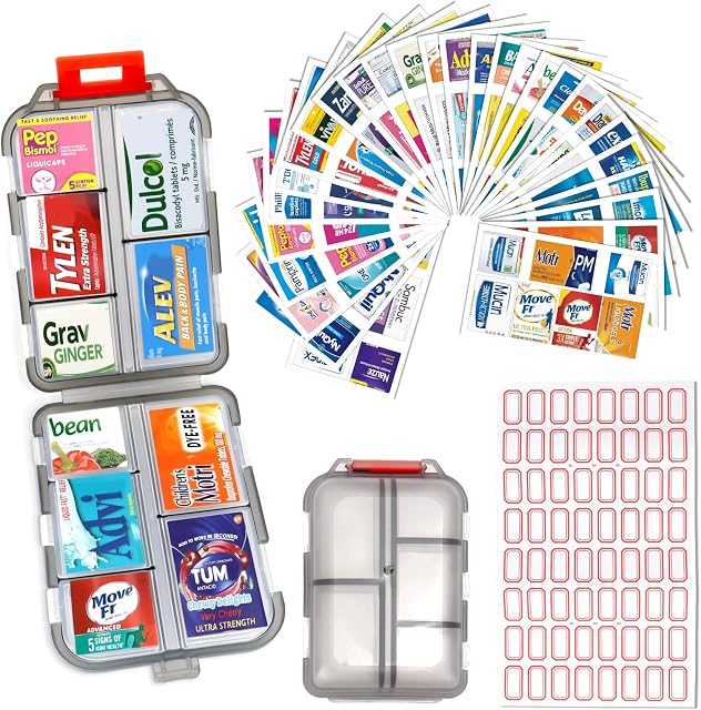 DIY Travel Pill Organizer with 260 Labels, 10 Compartments Pocket Pharmacy with Medicine Labels, Portable Daily Medication Container Case for Travel Essentials Weekly Medical Box (Grey)