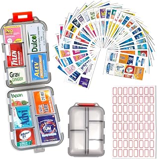 DIY Travel Pill Organizer with 260 Labels, 10 Compartments Pocket Pharmacy with Medicine Labels, Portable Daily Medication Container Case for Travel Essentials Weekly Medical Box (Grey)