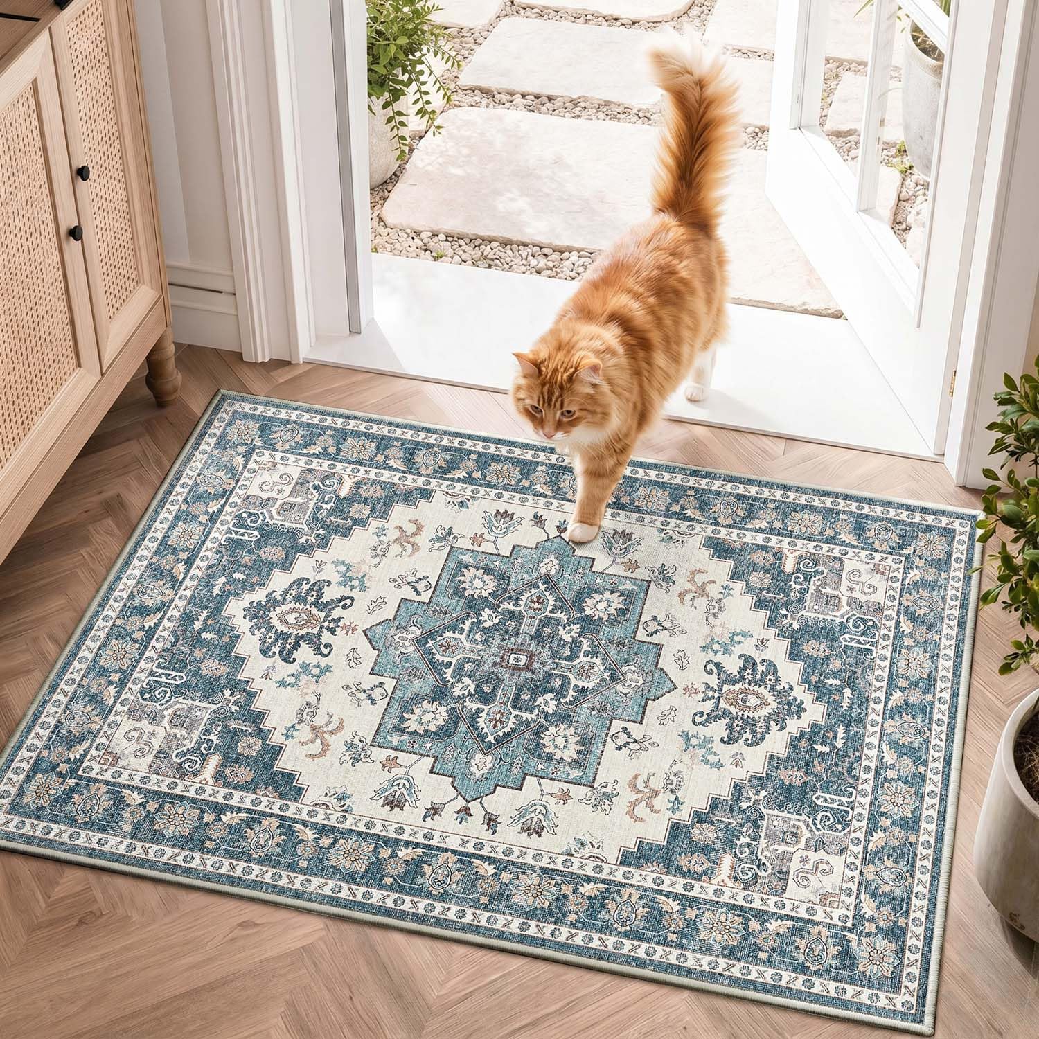 TOPICK Door Mat 60x90cm, Vintage Cashmere Feel Pile Washable Rug, Navy Blue