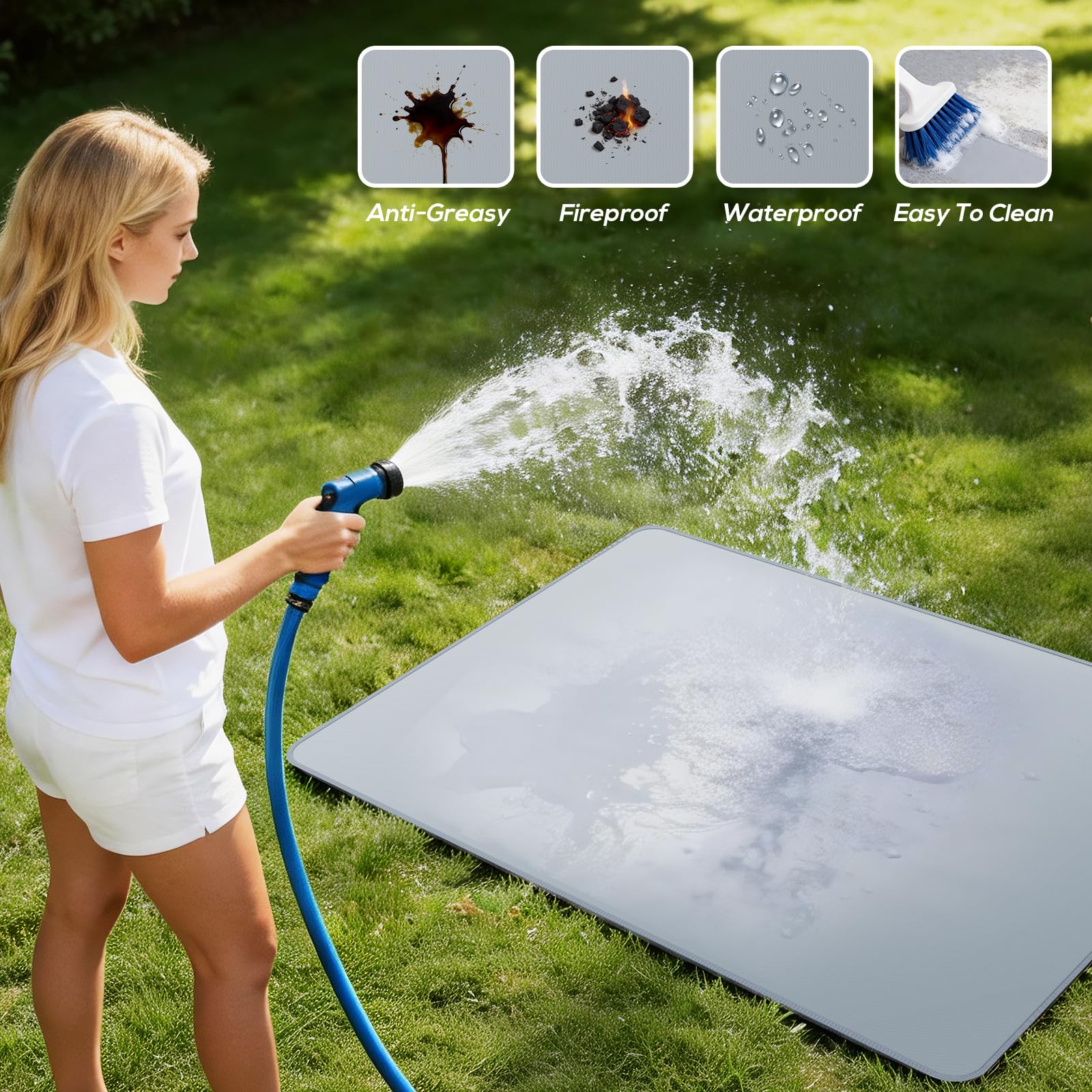 PAWBOSE Tapete para debajo de la parrilla de 76 x 52 pulgadas para parrilla al aire libre, tapete de barbacoa ignífugo de doble cara para patio y cubierta, tapete impermeable a prueba de aceite para