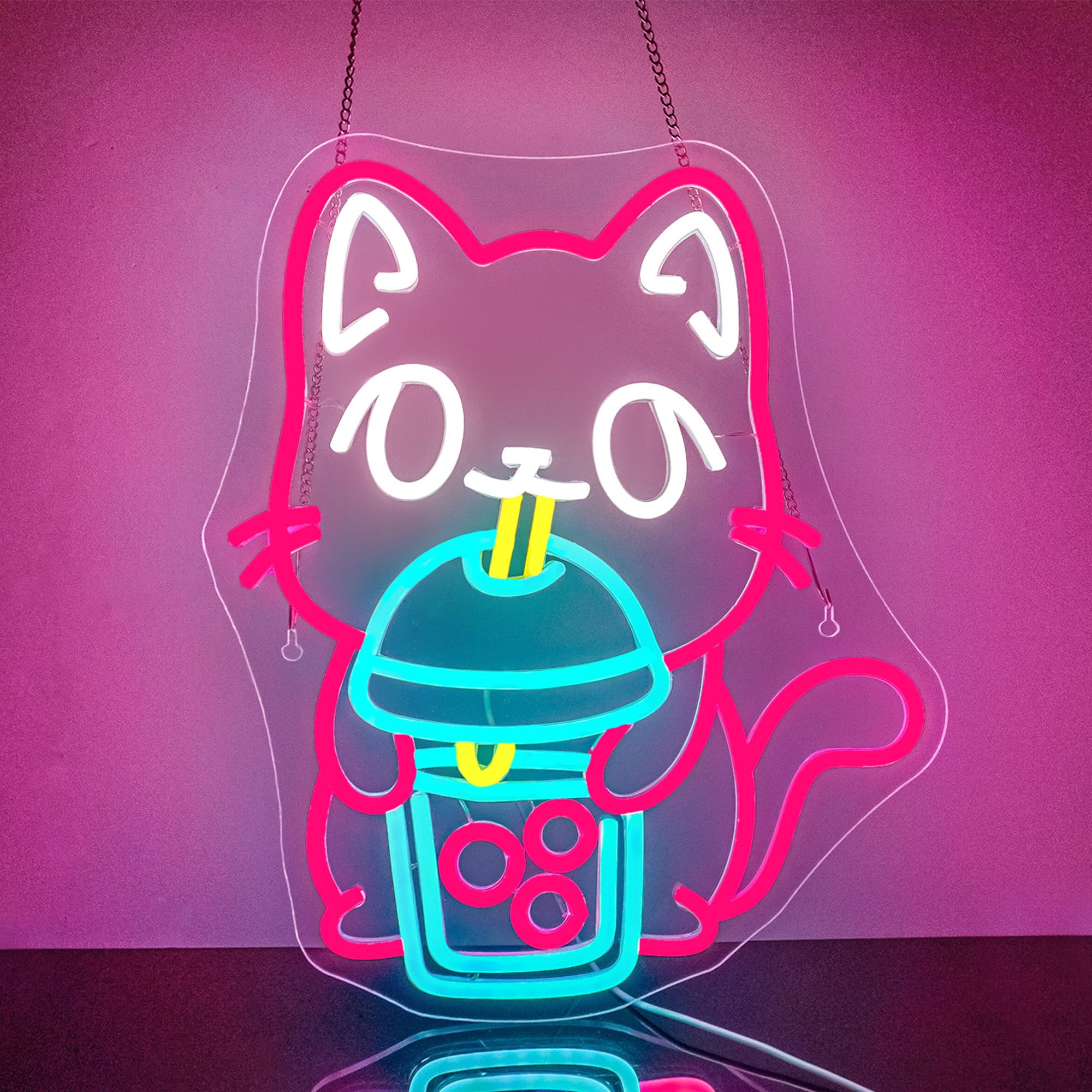Looklight Neonowa tabliczka z motywem kota Boba Tea, dekoracja ścienna, neonowe światło dla kotów, kolorowe tabliczki neonowe LED, Bubble Tea, neonowy szyld do pokoju dziecięcego, sypialni, baru,