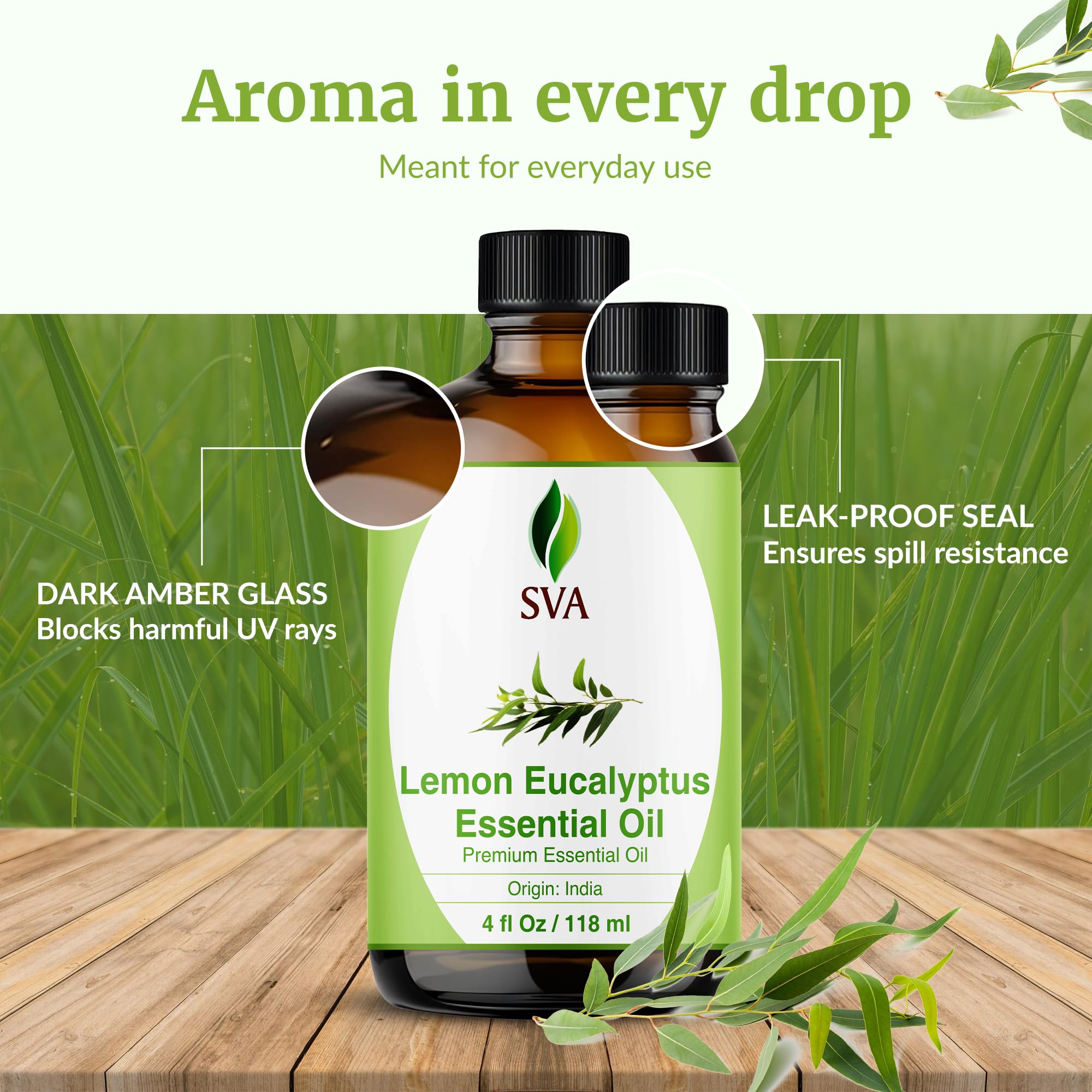 SVA ORGANICS Aceite esencial de eucalipto limón, 100% puro grado terapéutico Eucalyptus Citriodora, perfecto para piel radiante, jabones, velas, aromaterapia, difusor 4 Fl Oz (Paquete de 1)