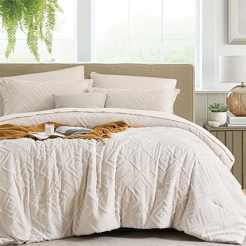 KAKKI Juego de edredón beige de 7 piezas en una bolsa, juego completo de edredón y sábanas bohemias de microfibra suave para todas las estaciones