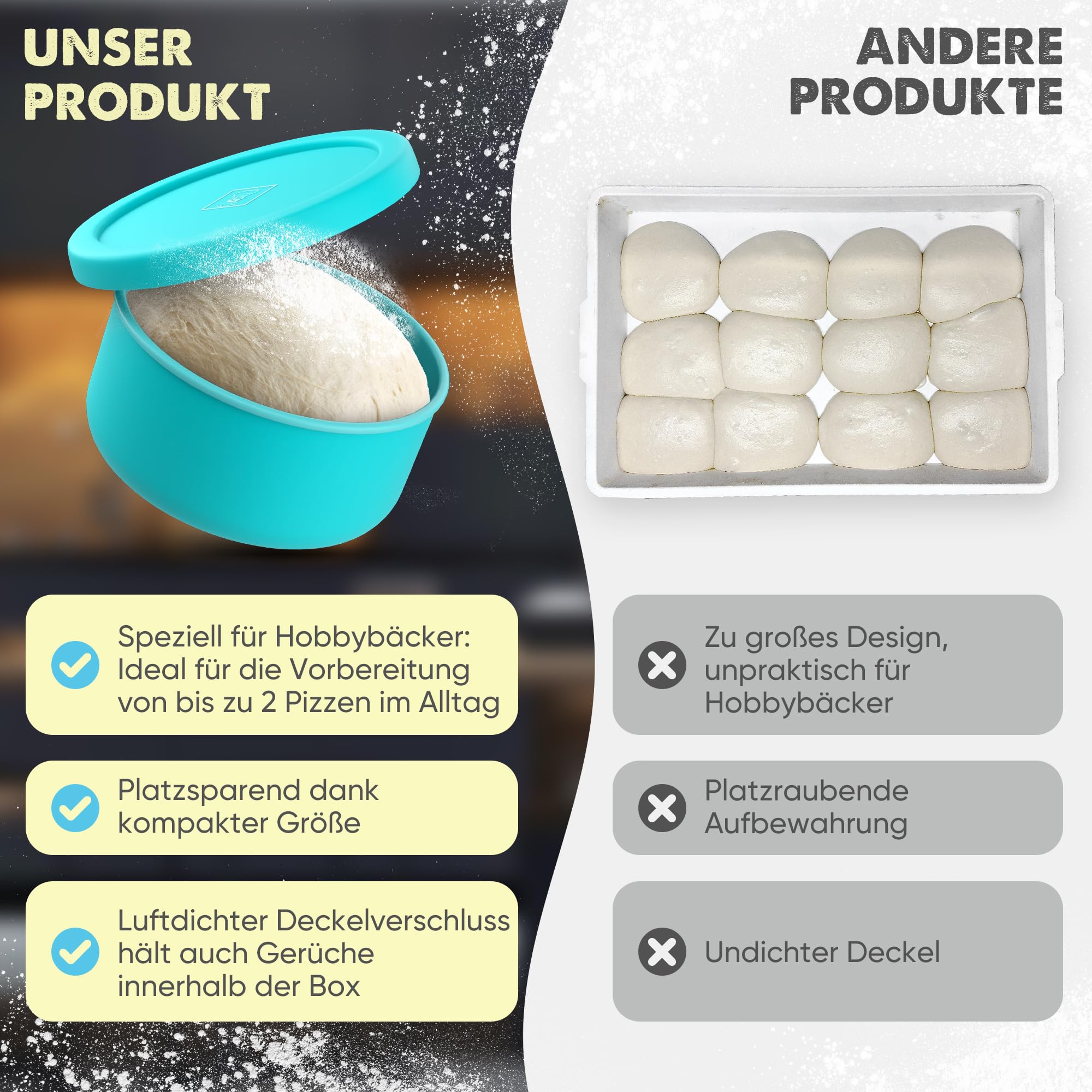 Pizzaballenbox mit Deckel 2er Set - Pizzateig Box aus antihaftendem Silikon - Pizzateig platzsparend gären - Gärbox - Pizza Zubehör