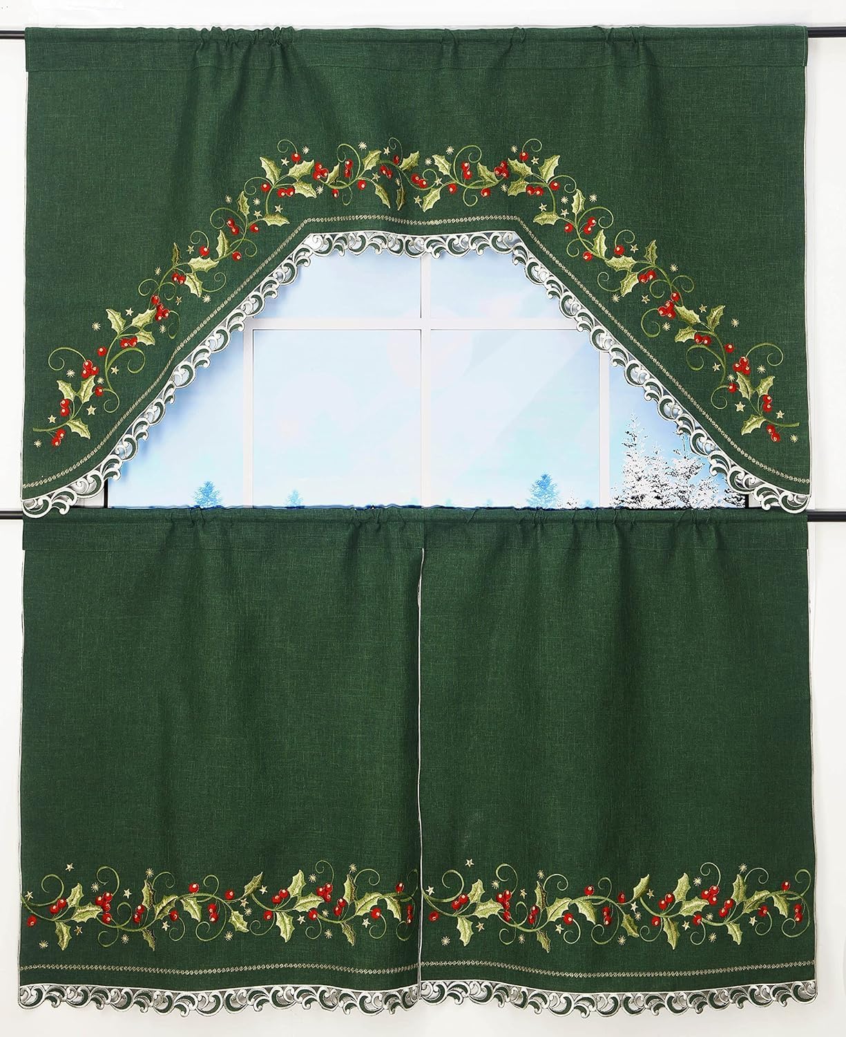 GRANDDECO Christmas Red Berry 3 Piece Kitchen Curtains Set for Bathroom/Kitchen - Window Curtains and Valance Set (60" x 36", 2 Set of 36 x 36" Tiers)