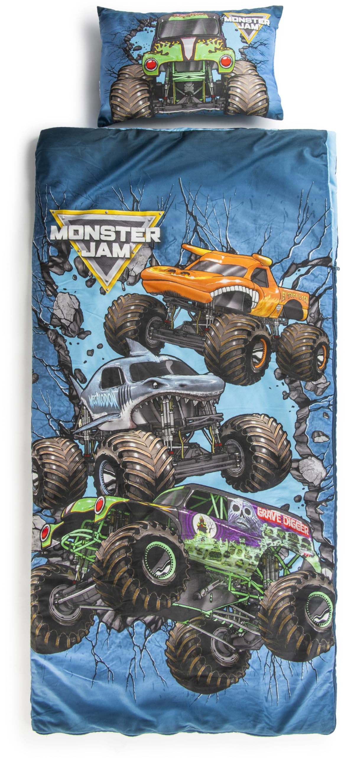 Jay Franco Kids Slumber Bag and Pillow - 54 x 27 Inch Comfy Indoor Sleeping Bag for School and Sleepovers, 2 Piece Set, Blue - Monster Jam