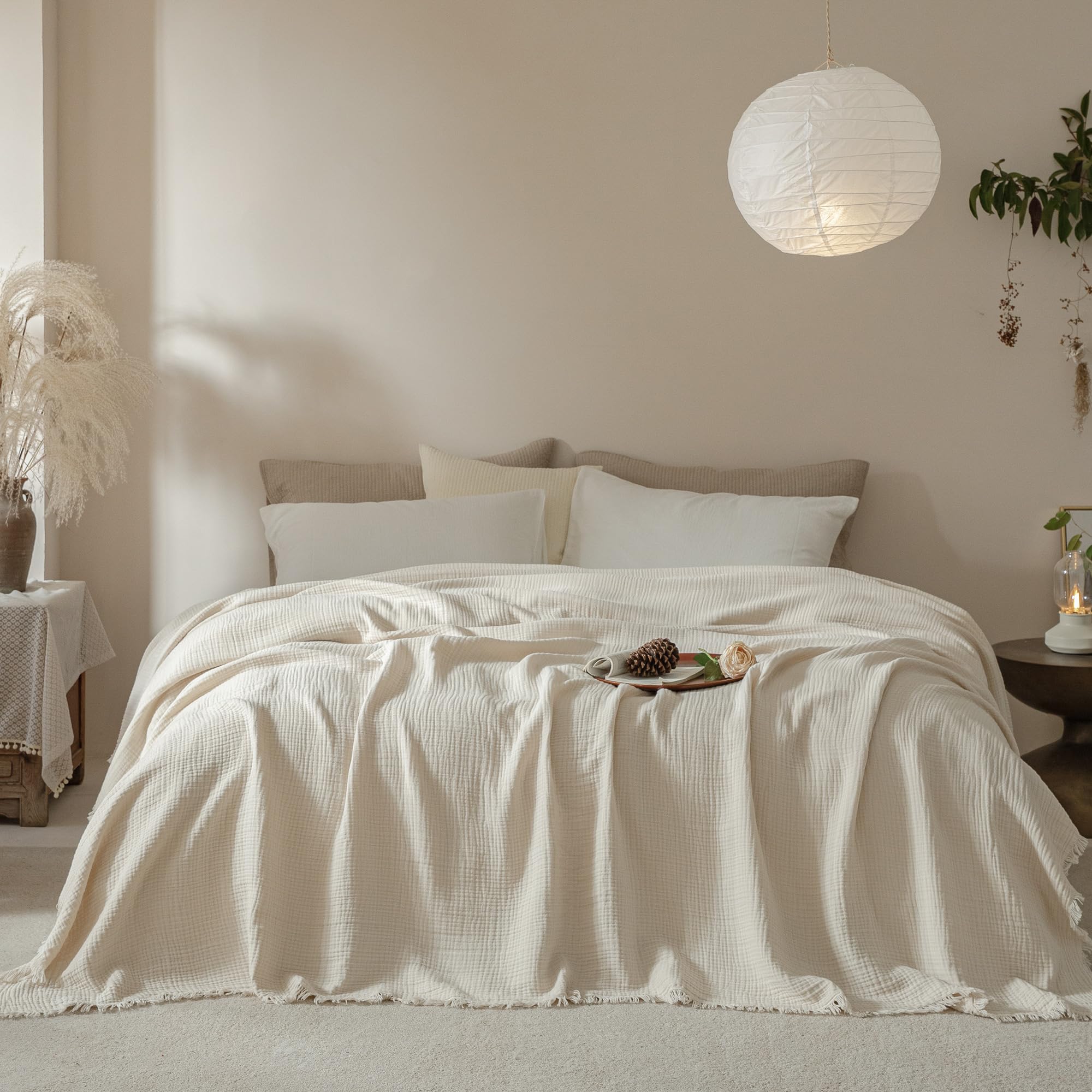 Muslin Fringe Blankets for Adults: 100% Cotton Cloud Soft King