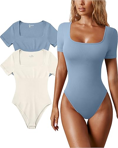 OQQ Bodysuits de 2 Piezas para Mujer Sexys Acanalados de Una Pieza Cuello Cuadrado Manga Corta Bodysuits