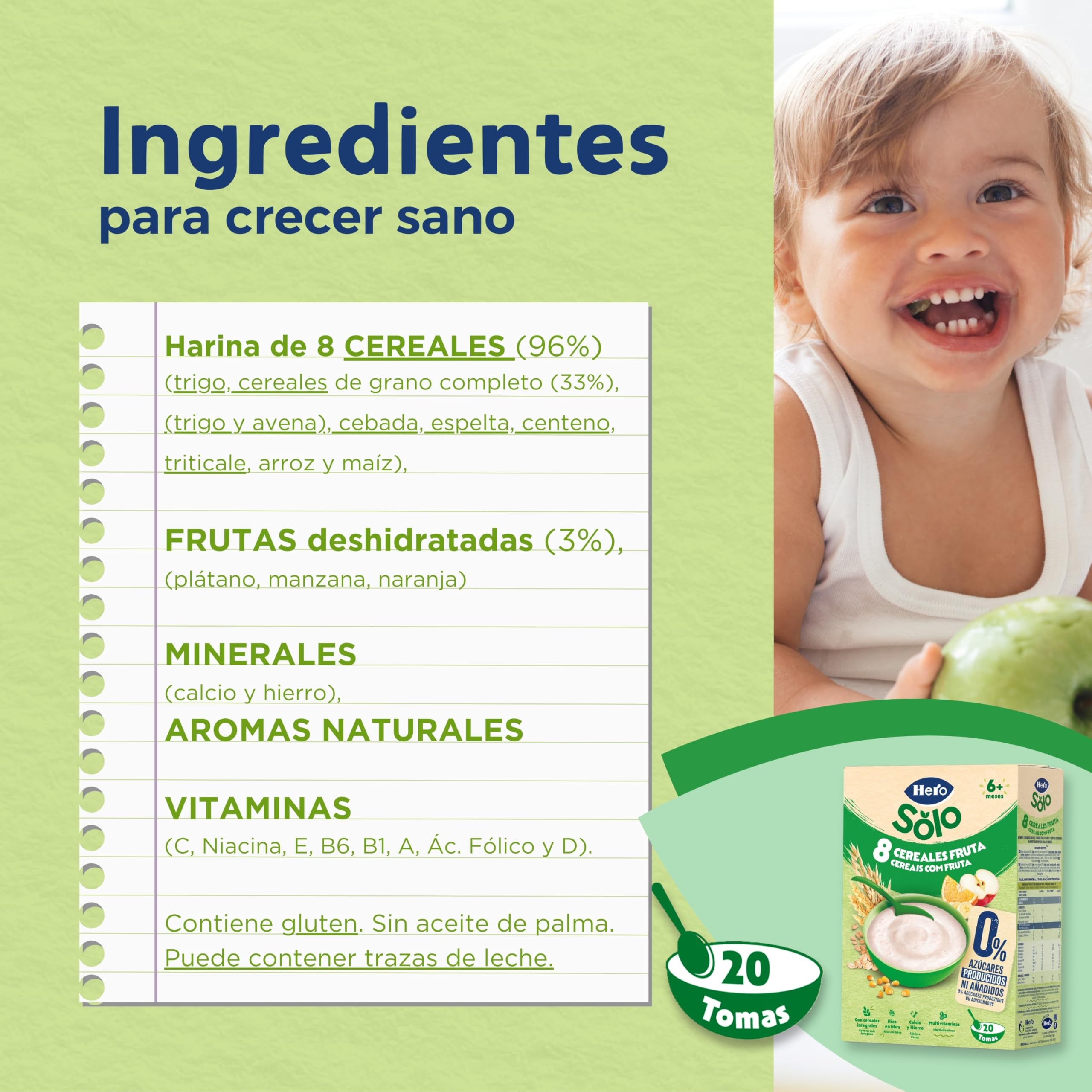 Hero Solo Papilla 8 Cereales con Fruta, Sin Lactosa, Rico en Vitaminas, Sabor Natural para Bebés, a partir de 6 meses