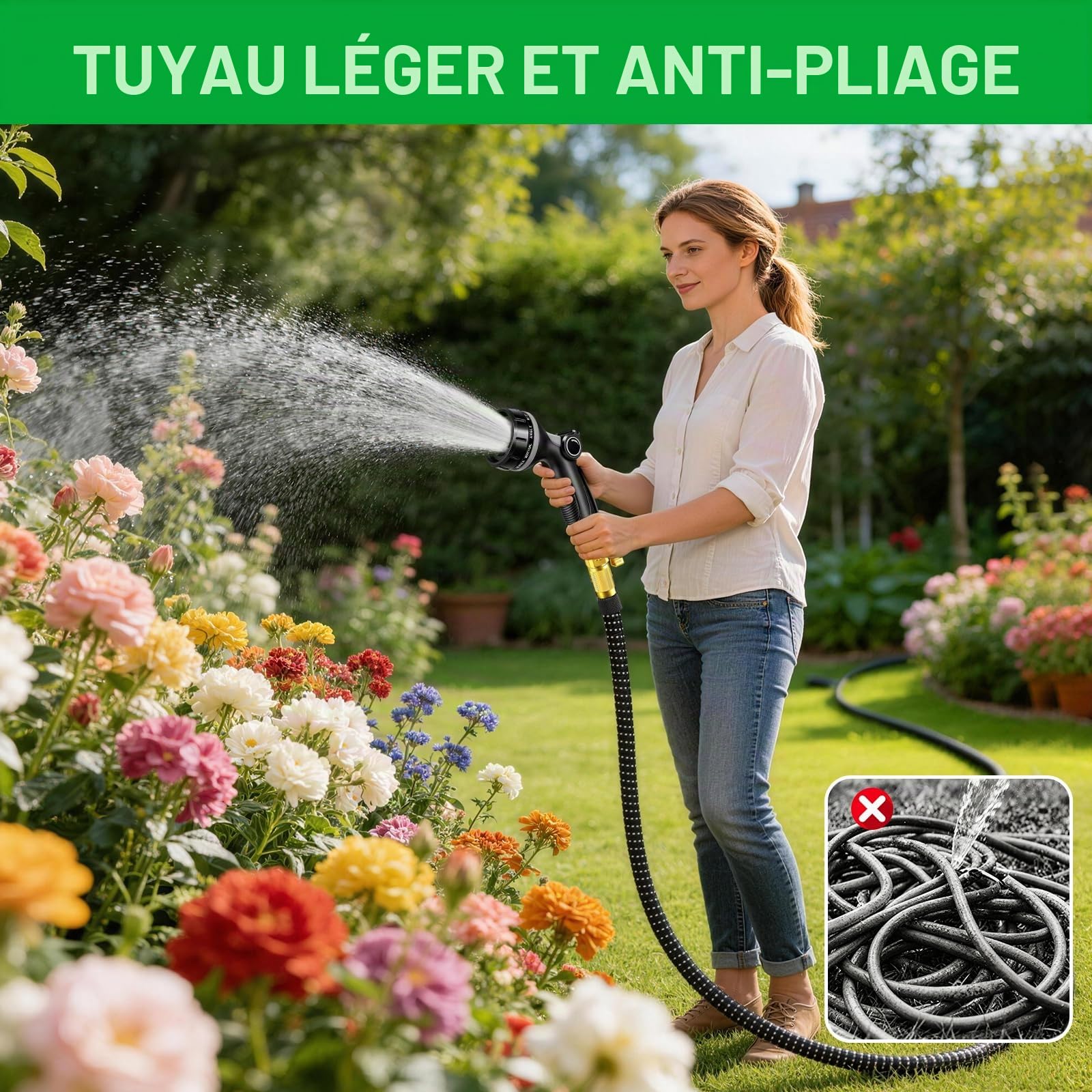 Tuyau Arrosage Extensible 15m, Tuyau d'arrosage Retractable avec 1/2" et 3/4" Adaptateur, Tuyaux d'arrosage avec 10 Modèles de Pulvérisation pour Jardin Irrigation Nettoyage Laver la Voiture