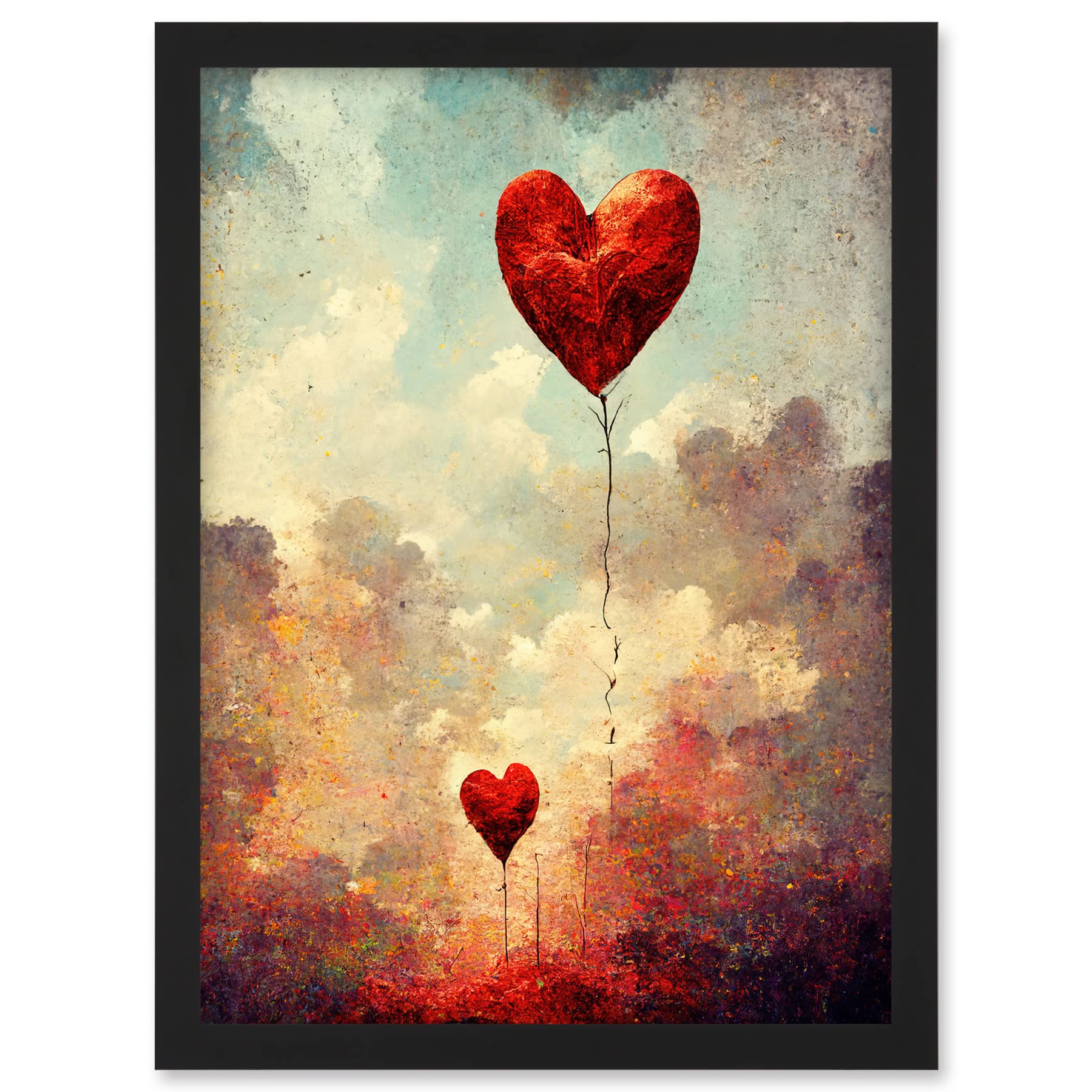 Doppelganger33 LTD Modern Abstract Floating Red Love Heart Balloons Artwork Framed A3 Wall Art Print