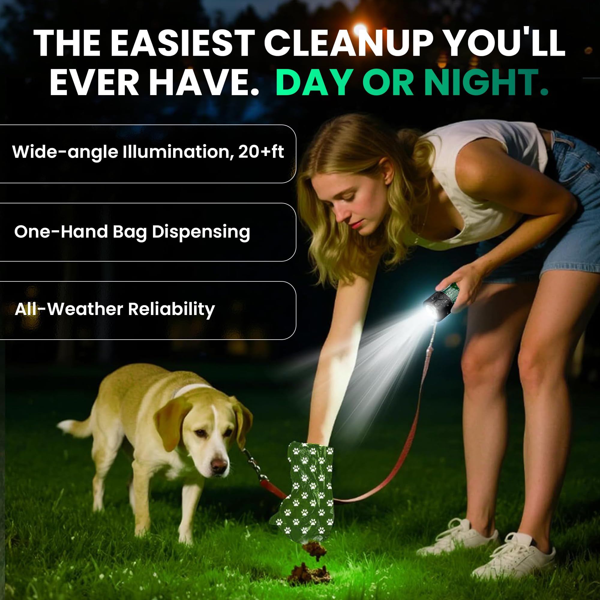 Hundekotbeutelspender mit LED-Taschenlampe & 45 Beuteln (3 Rollen) - USB-C wiederaufladbar, wasserdicht, Anti-Rutsch-Clip, freihändiger Hundekotbeutelhalter für Nachtspaziergänge