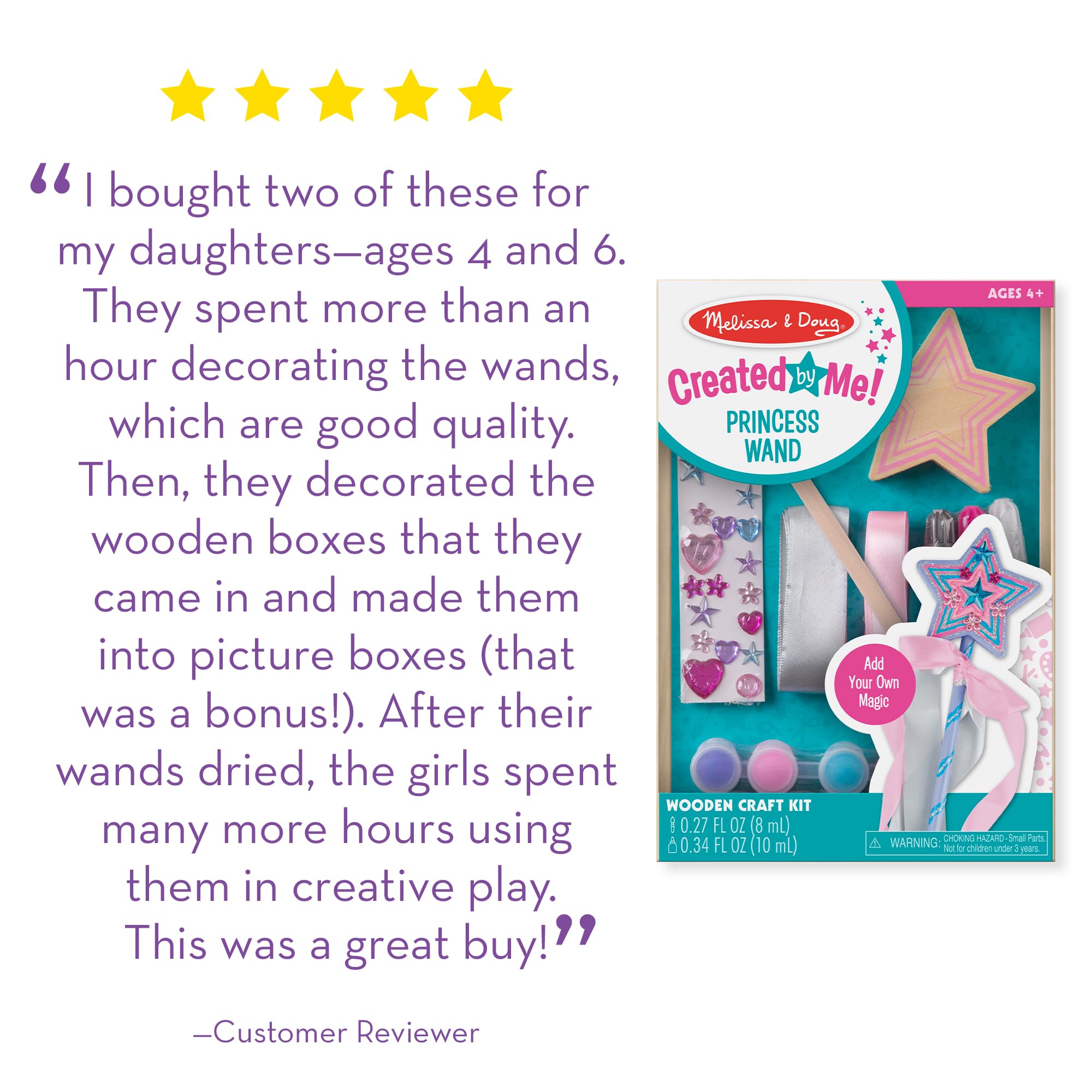 Melissa & Doug Created by Me! Wooden Princess Wand, Arts & Crafts Kit with Paint, Glitter Stickers, Ribbons & More, Princess Toys for Kids 4+