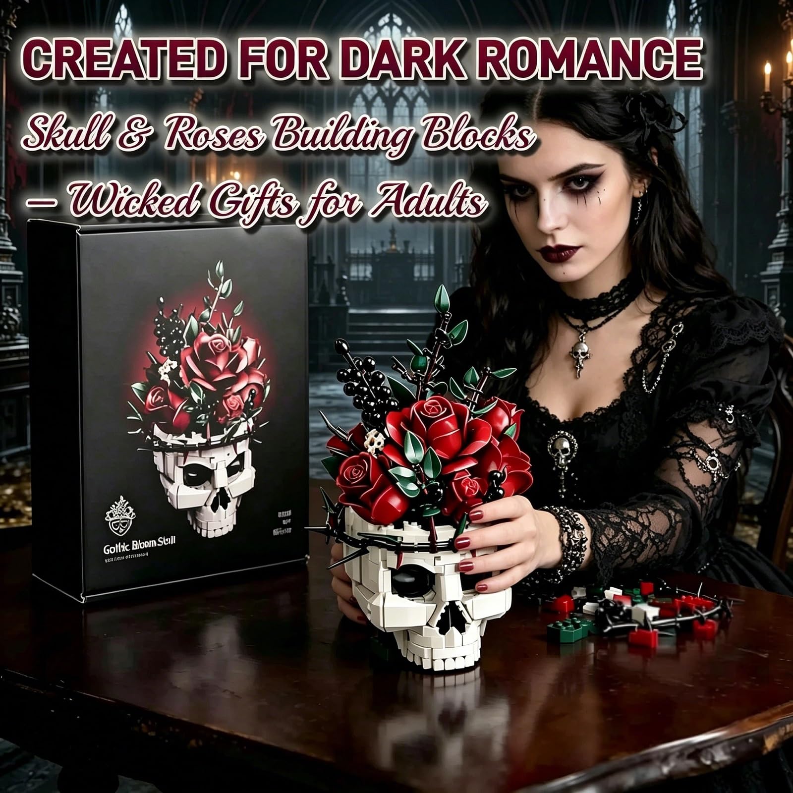 Goldlife Klemmbausteine Blumen – Rosen mit Totenkopf-Vase, Klemmbausteine Botanicals Blumenstrauß für Erwachsene, Gothic-Deko, Valentinstag, Geburtstag, Halloween, Weihnachten & Muttertag