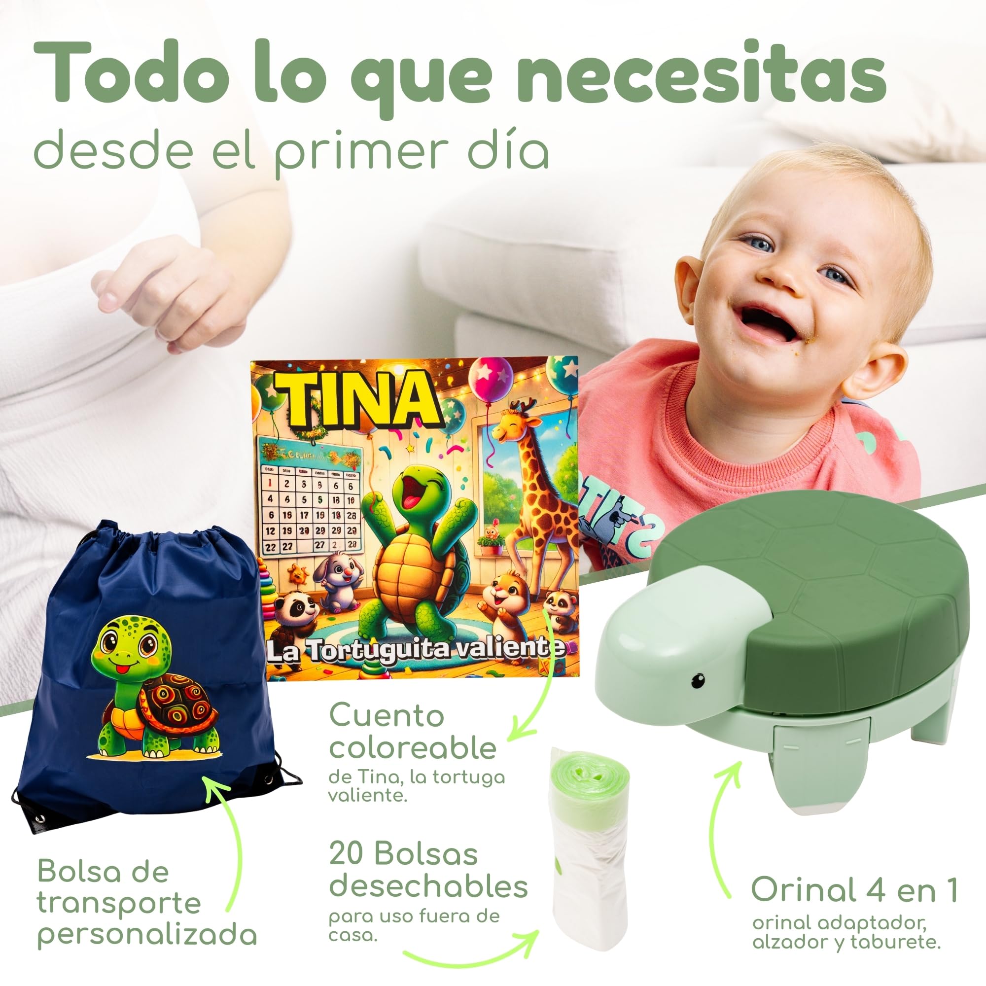 Vasino Bambini Portatile 4 in 1 Pieghevole – Riduttore WC per Bambini, WC Portatile da Viaggio, Sgabello e Rialzo, Design Tartaruga, con 20 Sacchetti e Zaino