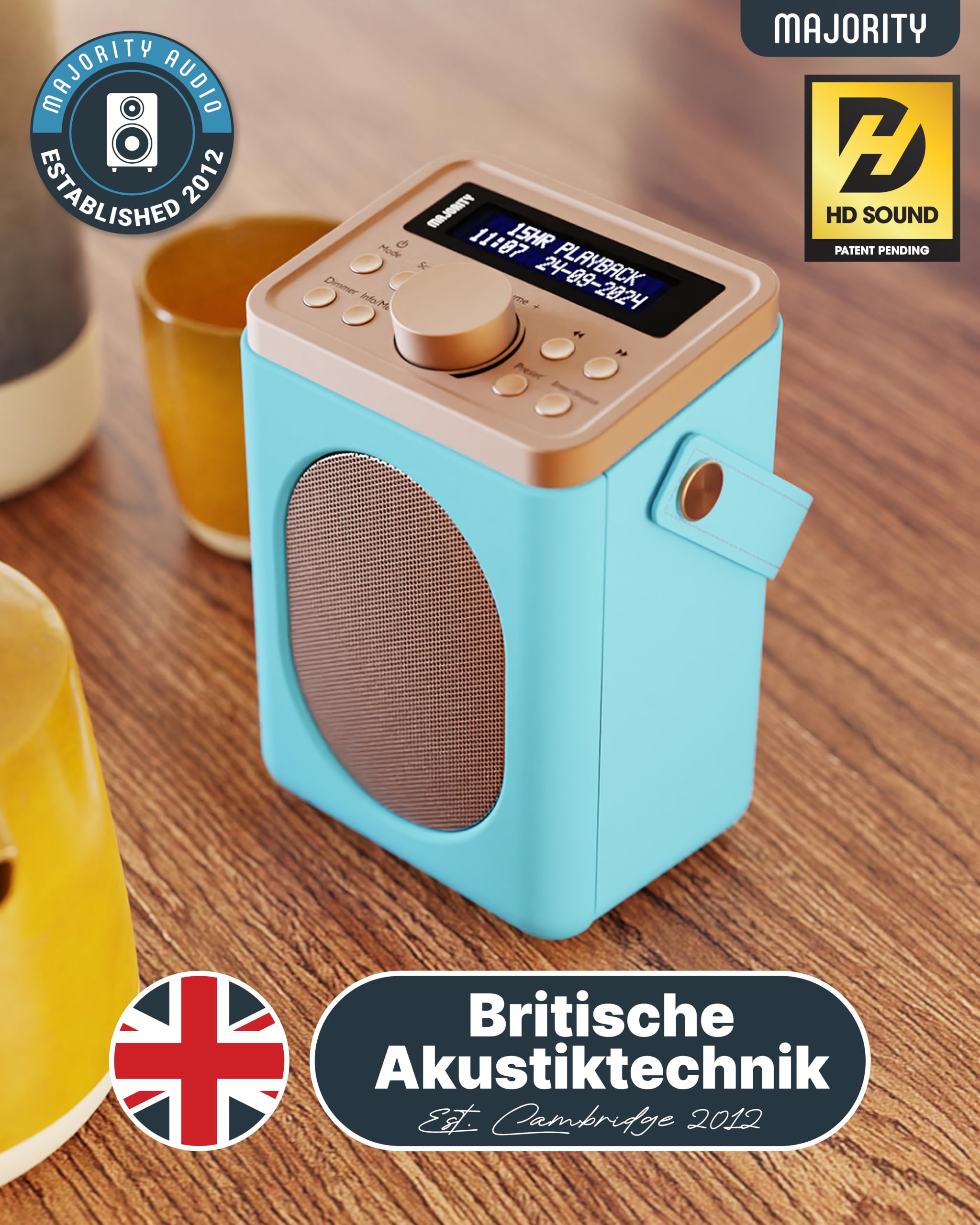 MAJORITY Little Shelford DAB Plus Radio | Küchenradio UKW mit Bluetooth | Radio Batteriebetrieben mit 15 Stunden Wiedergabezeit oder Steckdosenradio | Mini Digitalradio mit Doppelalarm (Hellblau)