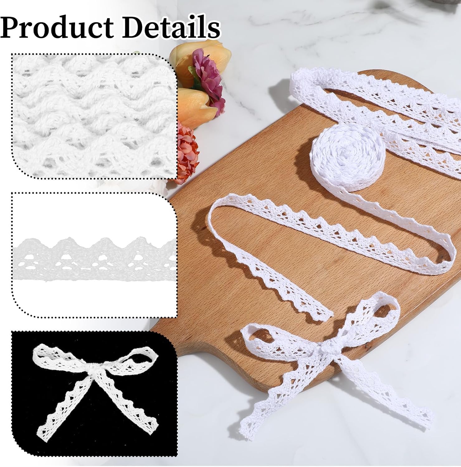 Nogeqi 11 Yards White Lace Ribbon Vintage Cotton Ribbon Crochet Lace Trim for Sewing Bridal Wedding Decoration, Sewing Trim for DIY Craft Scrapbooking Package Wrapping, 0.6 in Wide