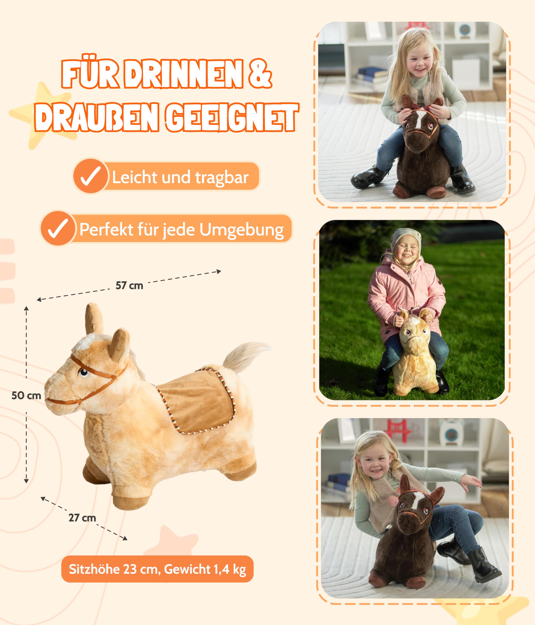 Bayer Chic 2000® Aufblasbares Hüpftier – Braunes Pferd –Mit weichem abnehmbarem Bezug & Luftpumpe – Perfekt für Mädchen & Jungen – Ab 18 Monaten