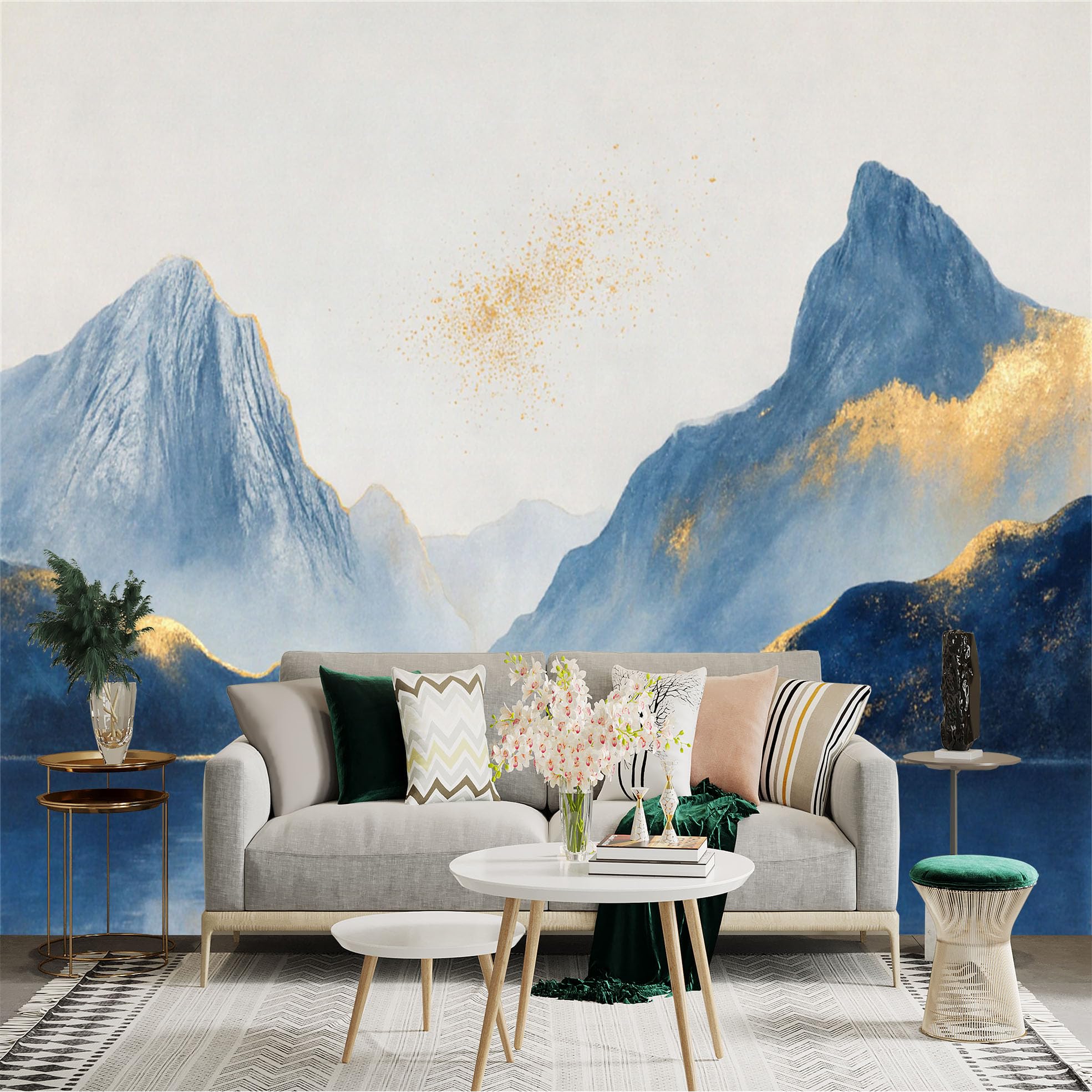 Custom Size Wall Sticker Mural， Abstract Blue Mountains with Golden Foil， Serene Lake Landscape， Minimalist Art， for wall Decoration， peelandstick wall Decals.