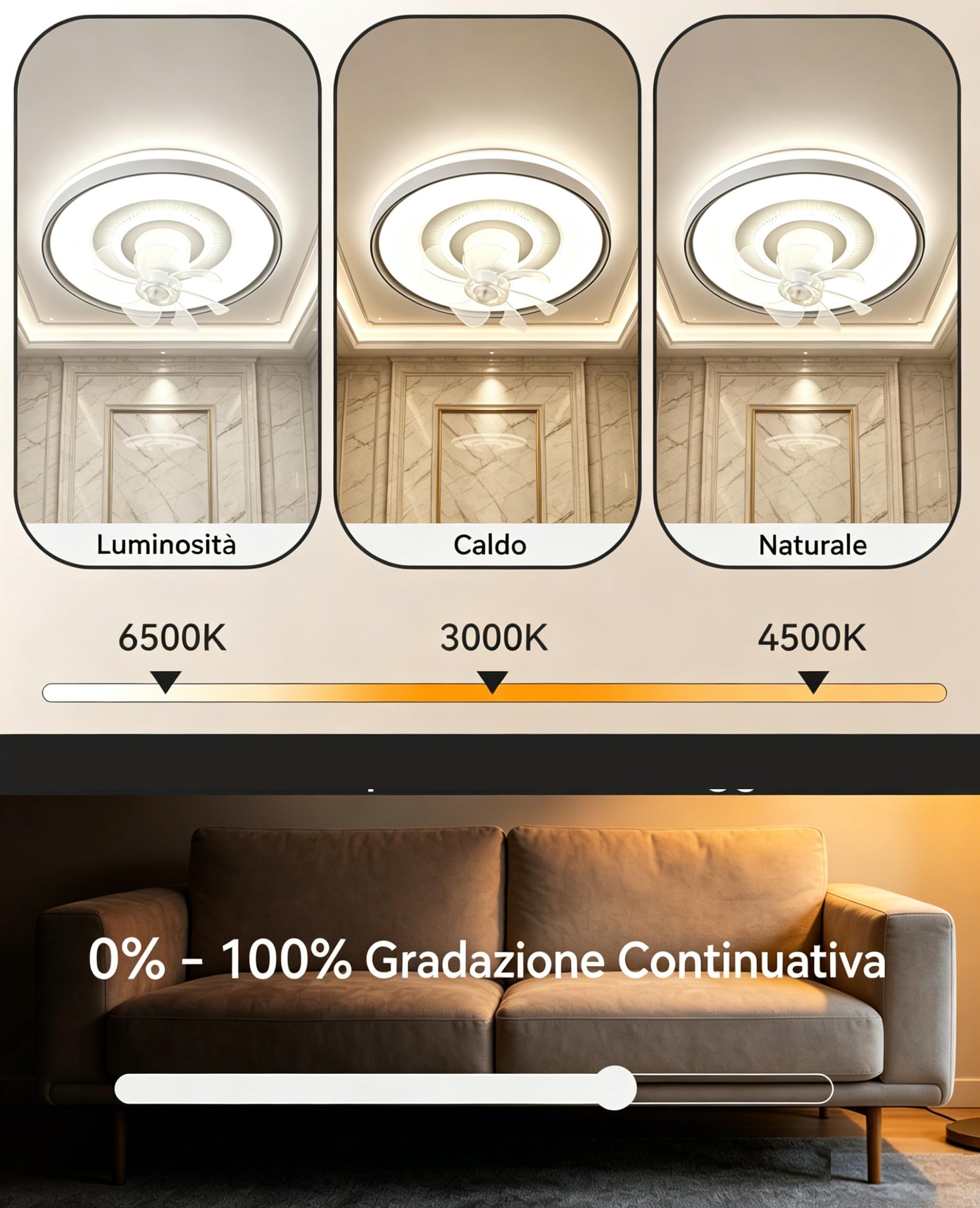 ventilatore da soffitto con luce 50 cm La ventola è orientabile lampadario ventilatore da soffitto, 6 velocità, 3000K-6500K, dimmerabile telecomando e app per soggiorno, camera da letto, ufficio