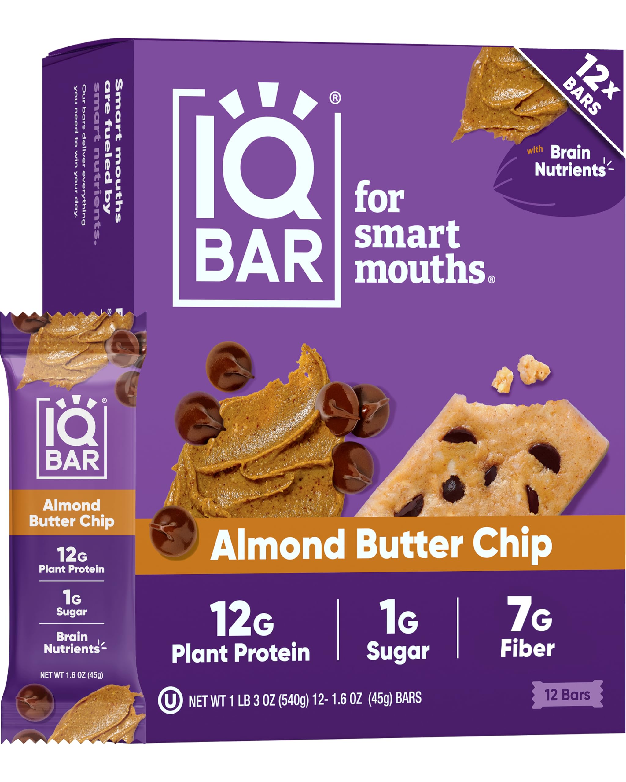 Brain and Body Plant Protein Bars - Almond Butter Chip - 12-Count - Keto, Vegan, Low Carb, High Fiber, Gluten Free, Dairy Free, Low Sugar Snack with Nutrients for Focus, Energy, Meal Replacement
