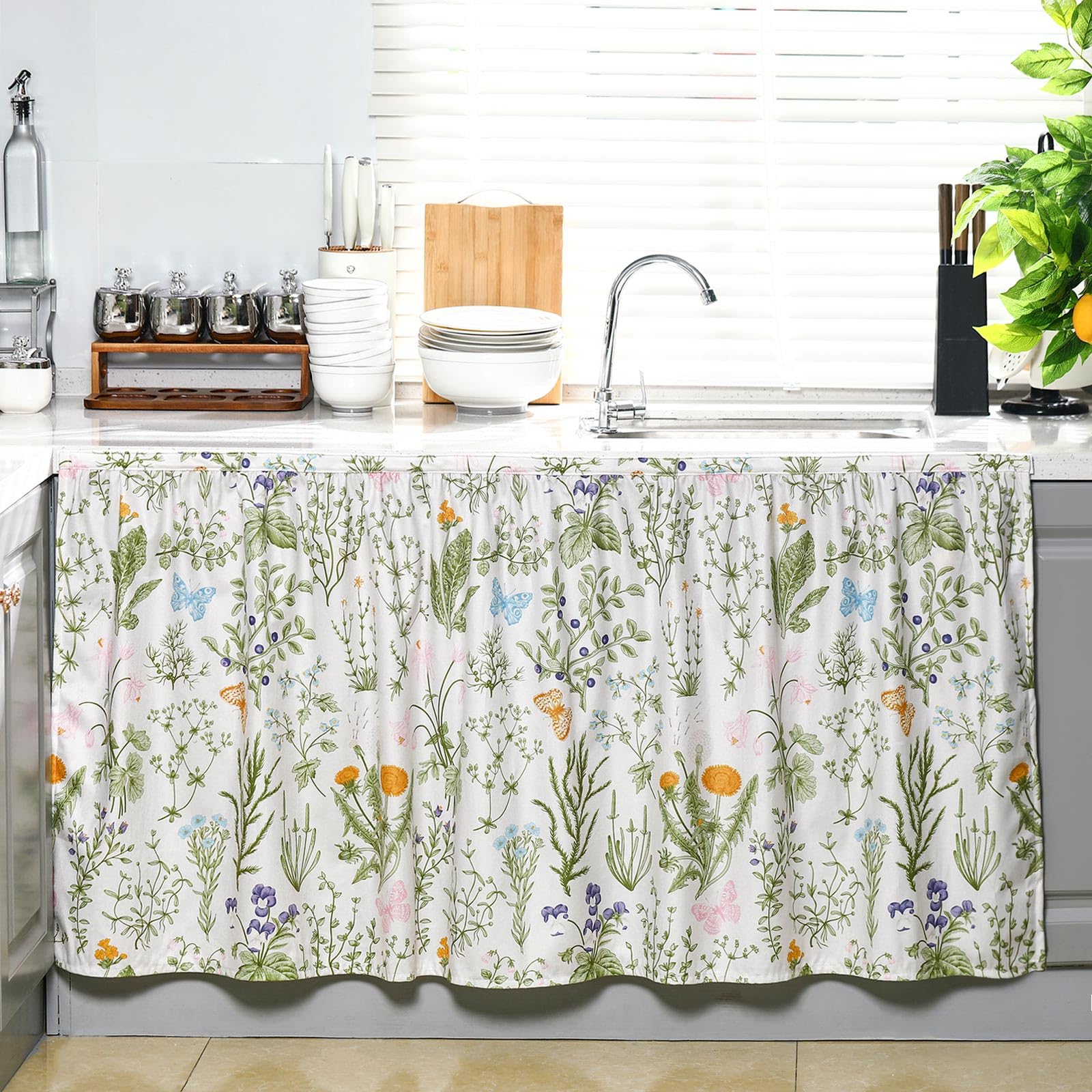 VitalCozy Cabinet Curtains 28"w x 51"L Sink Skirt for Bathroom Diamond Stitch Self Adhesive Waterproof Fabric Short Curtains for Kitchen Floral