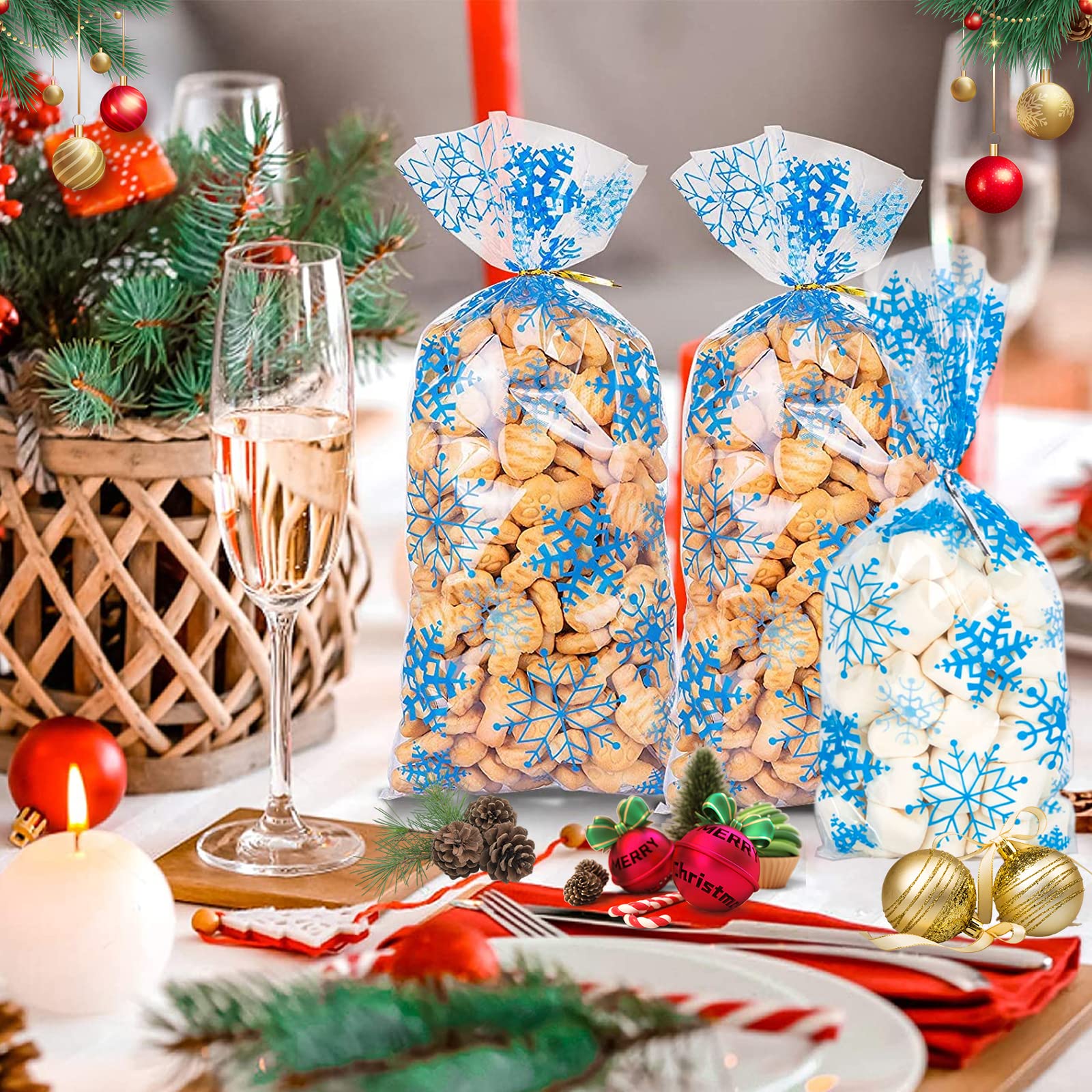 DEARBAG Lot de 200 sacs en cellophane de Noël avec 200 cravates torsadées pour emballer des biscuits, des gâteaux au chocolat, des bonbons (13 x 27 cm