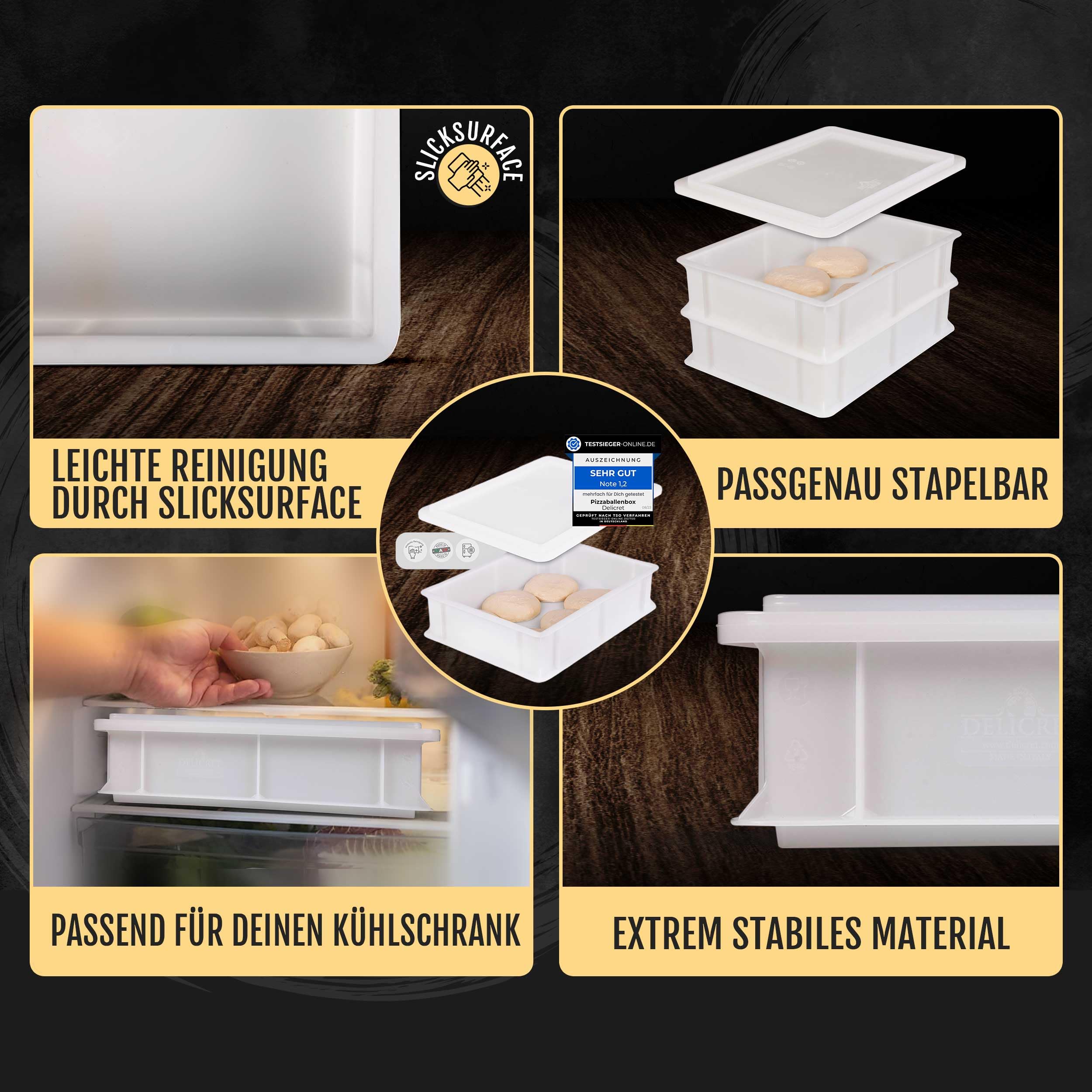 DELICRET - Pizzaballenbox mit Deckel | Gärbox für Pizza - & Sauer- & Hefe-Teig | Außenmaße: 40x30x10 passt in jeden Kühlschrank | Teigbox mit Deckel | Zubehör für leidenschaftliche Pizzabäcker