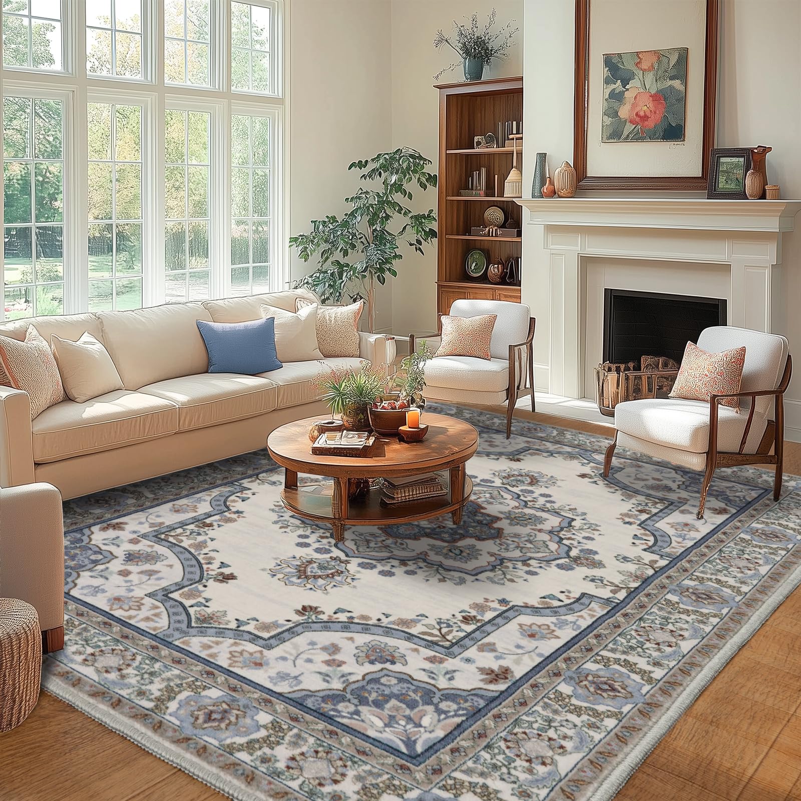 Teppich Wohnzimmer Waschbarer 140x200cm, Boho Blumen Kurzflor Wohnzimmerteppich Groß Teppich für Esszimmer Schlafzimmer Büro, Waschbar rutschfest Teppiche Orientalischer Vintage Design, Blau-weiß