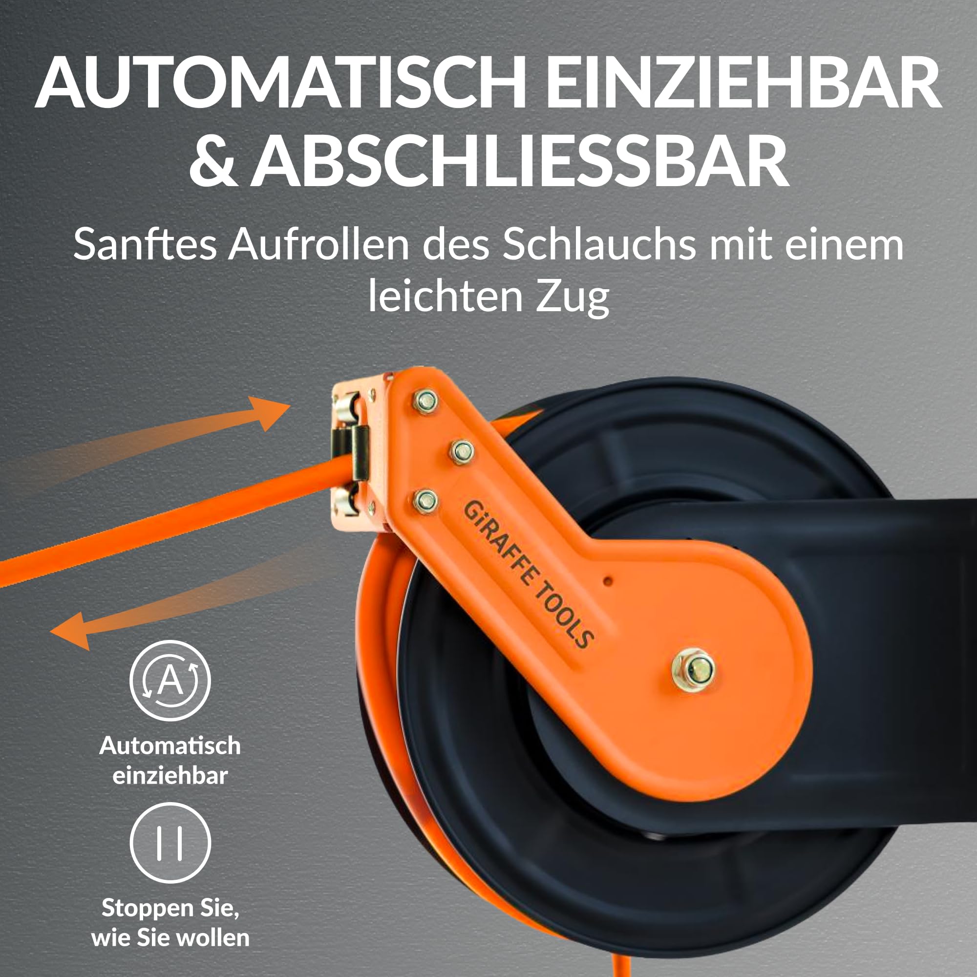 Giraffe Tools Automatik Druckluftschlauchtrommel 15M-Robuster Aufroller mit 1/4" Anschluss&3/8" Schlauch (Ø9,5mm) max 300PSI für Werkstatt und Garage-Plus Version mit 180°Schwenkbracket und Zubehörset