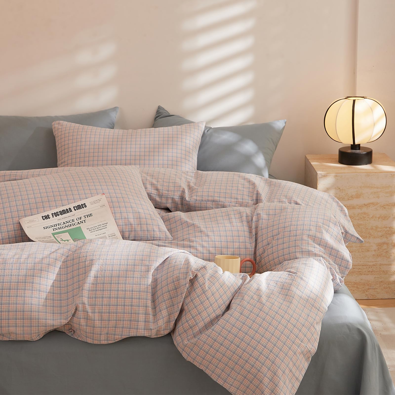 LifeTB Gingham Duvet Cover Set Twin Size, 100% Washed Cotton Bedding Set with Grid Pattern, Vintage Blue Pink Plaid Checkered Comforter Cover, Soft Breathable Duvet Cover Grid Farmhouse Bedding Set — image 1